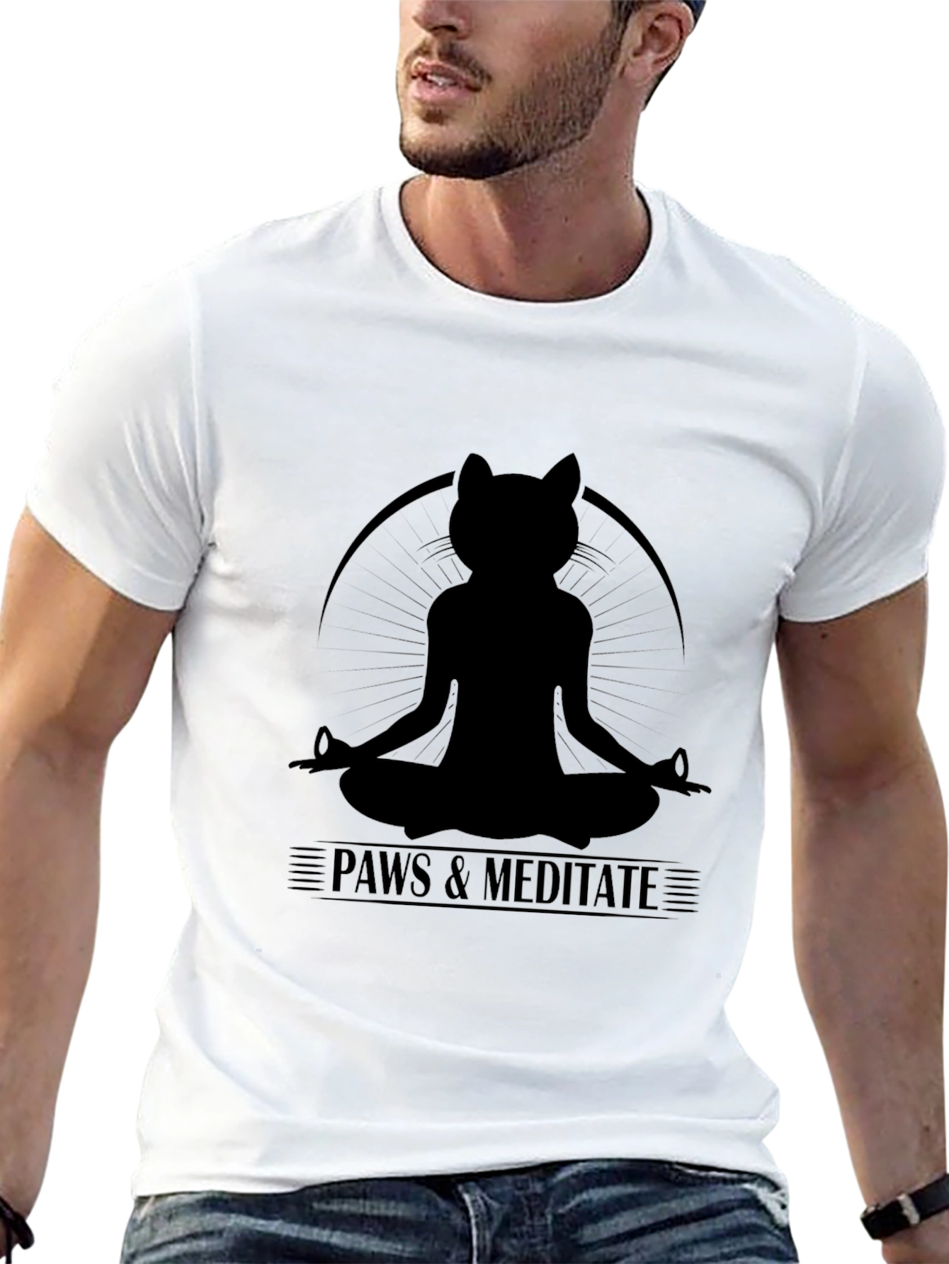 Paws & Meditate Black T-Shirt - Yoga Cat Design