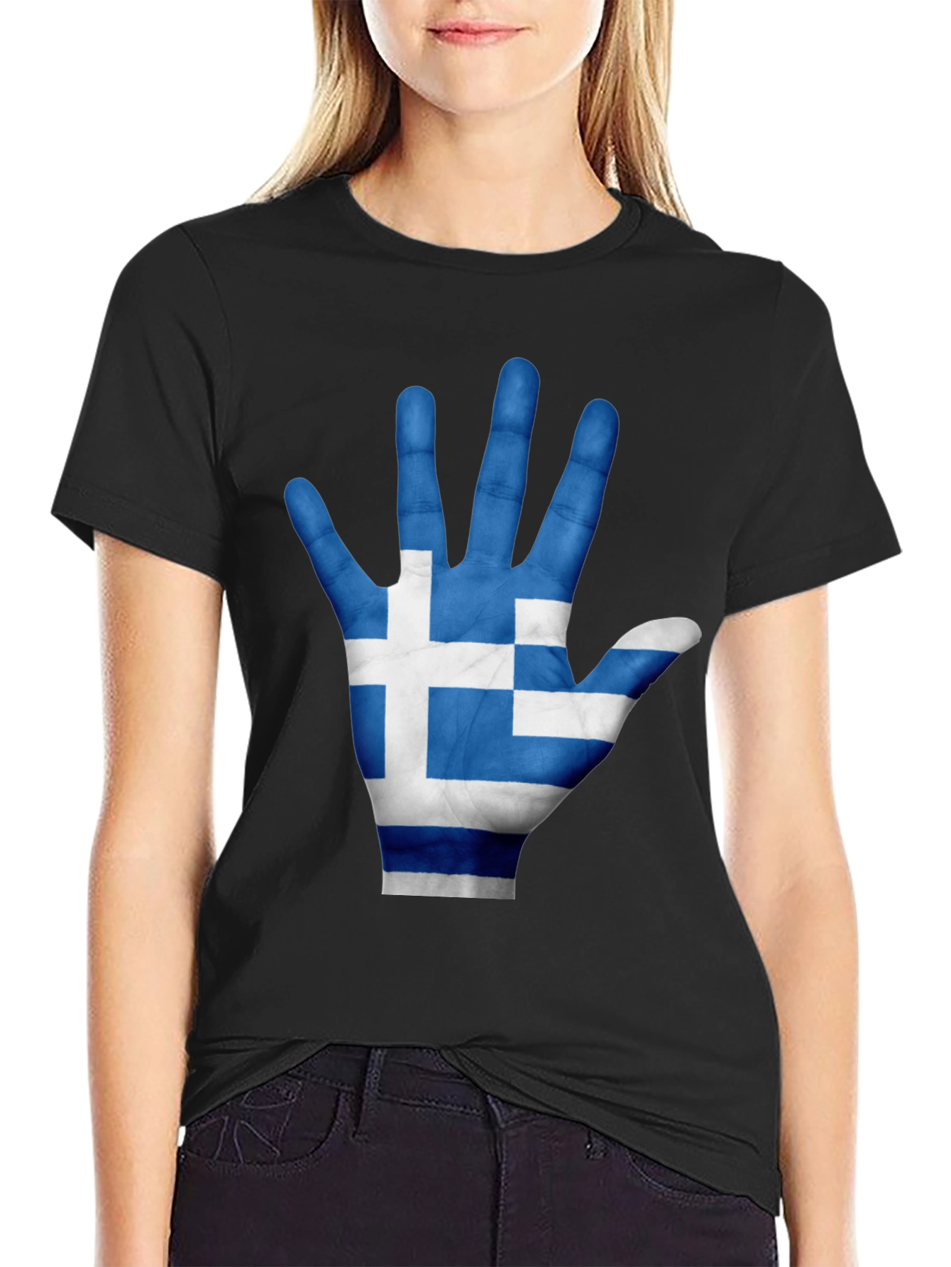 Greek Flag Hand Print Black T-Shirt