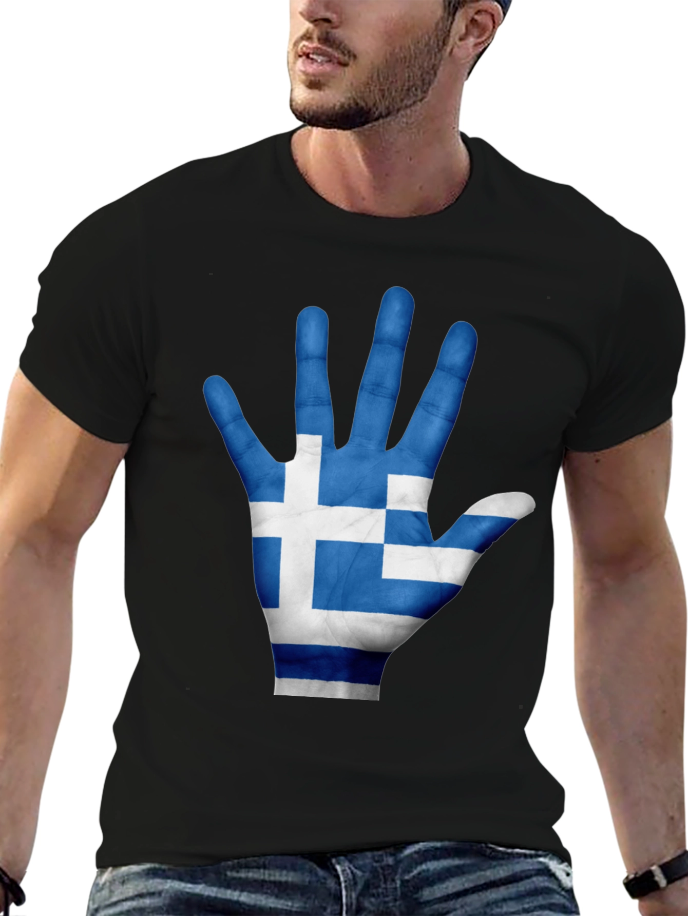 Greek Flag Hand Print Black T-Shirt