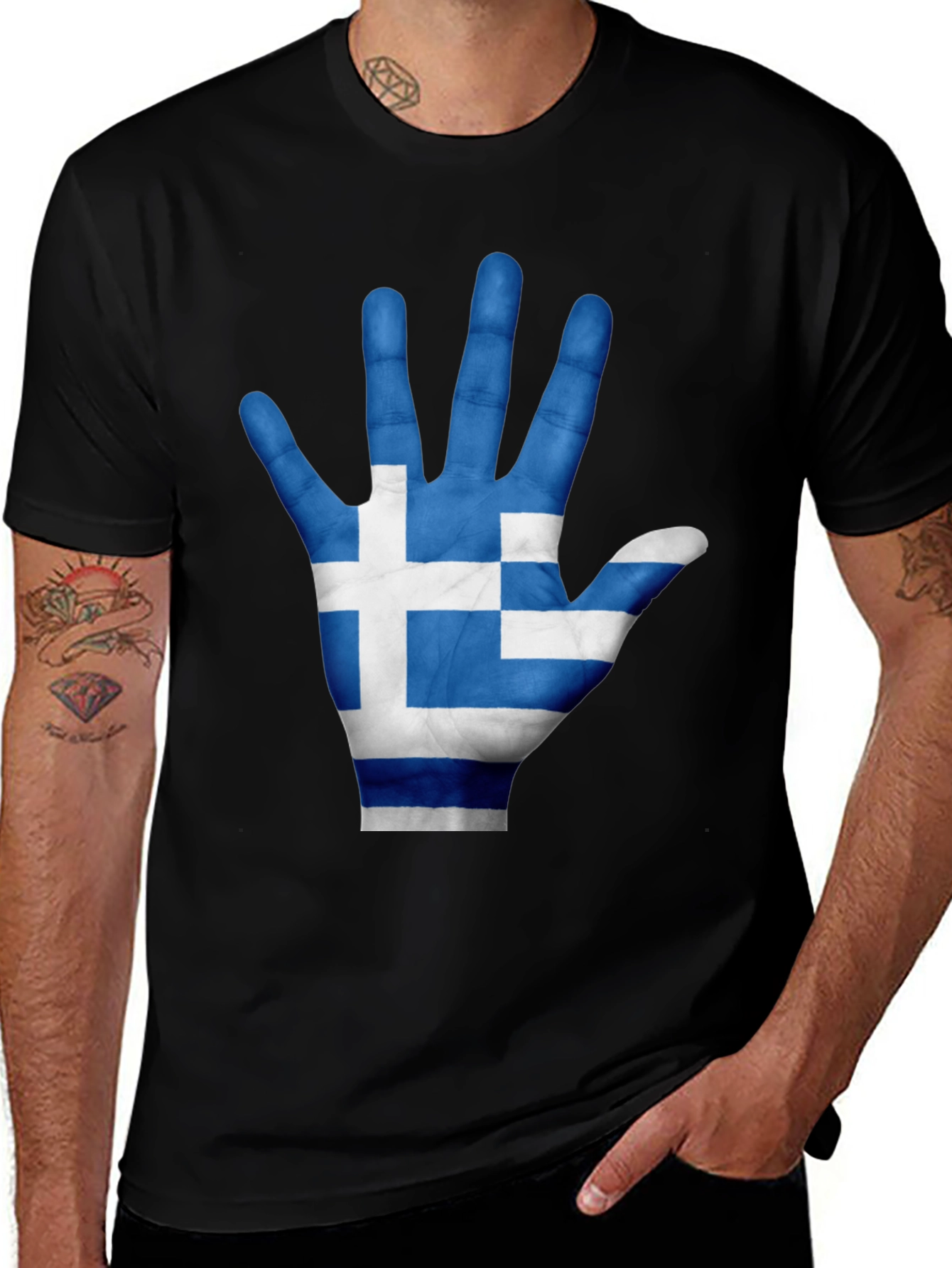 Greek Flag Hand Print Black T-Shirt