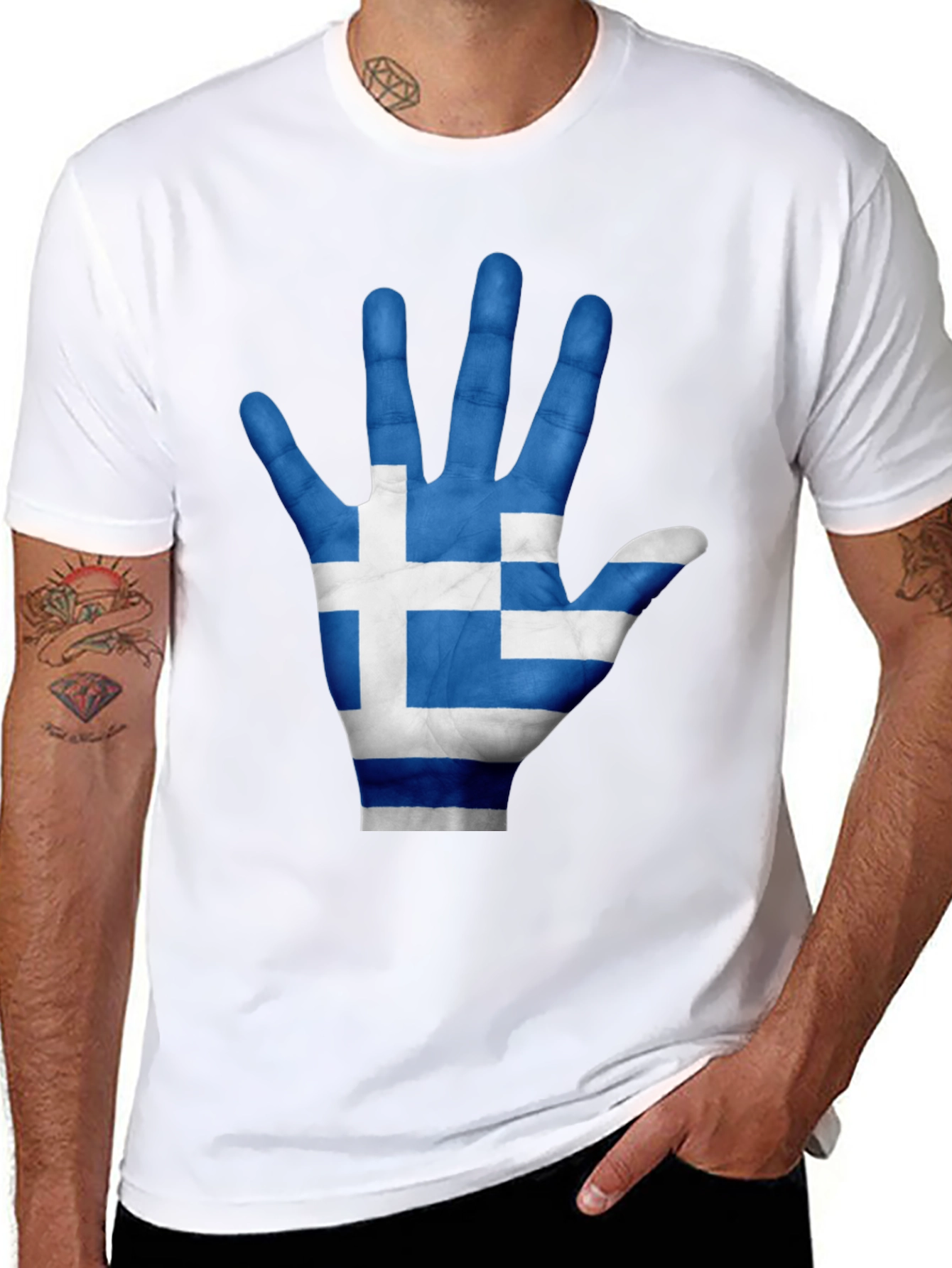 Greek Flag Hand Print Black T-Shirt