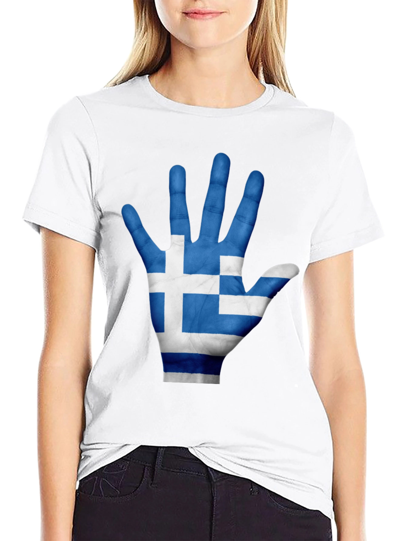 Greek Flag Hand Print Black T-Shirt