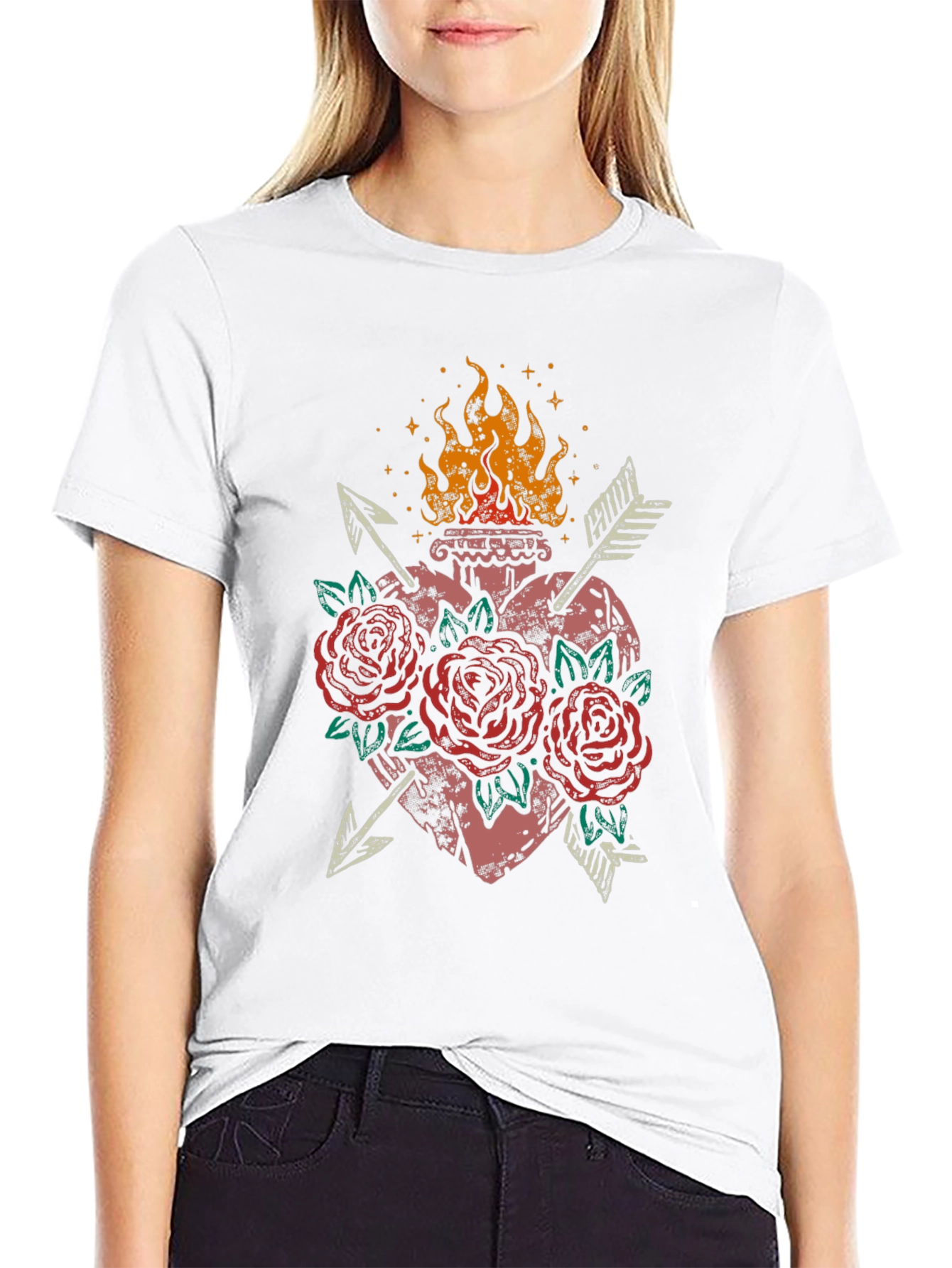Flaming Heart Roses Arrows Graphic Tee