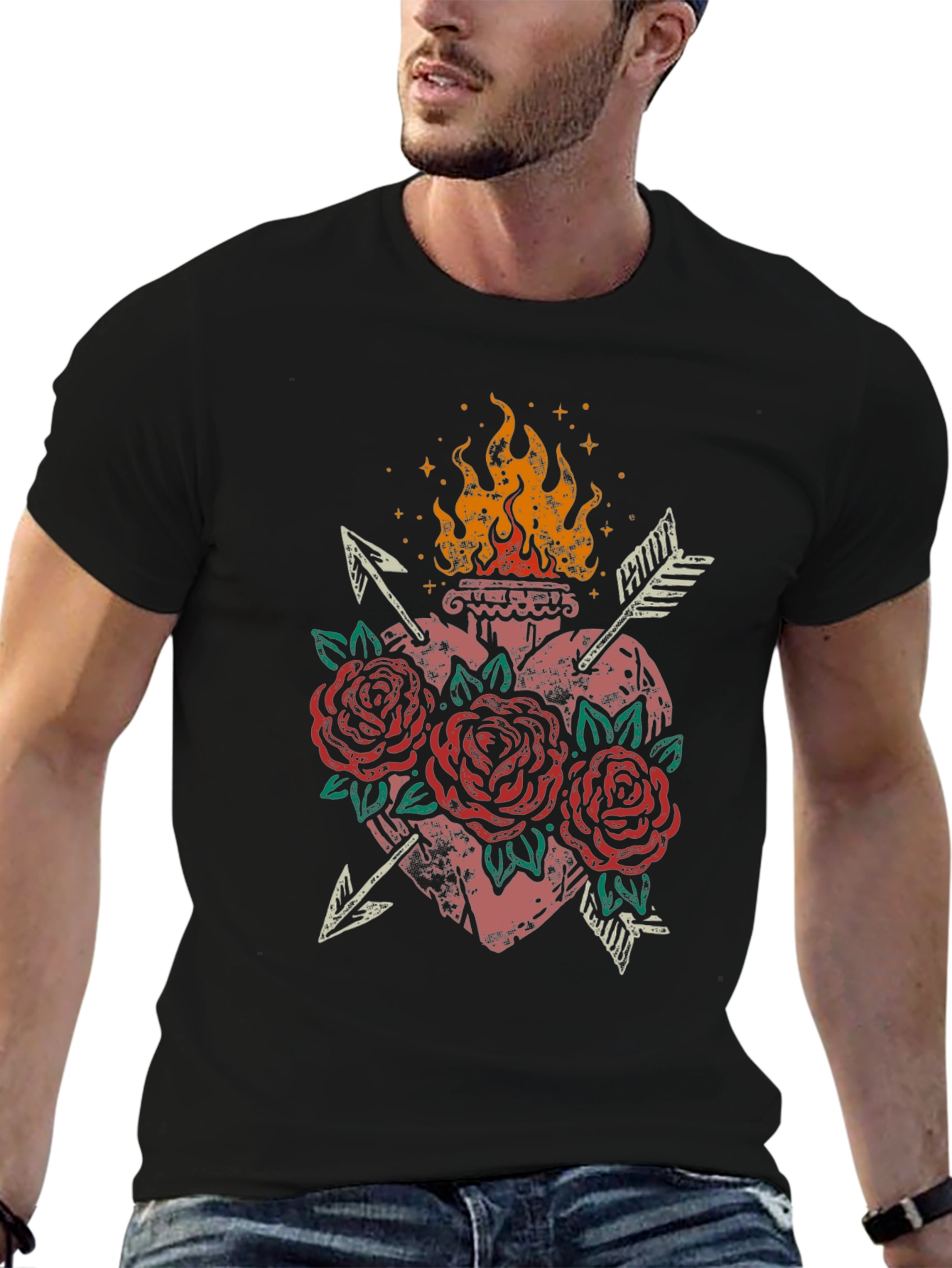 Flaming Heart Roses Arrows Graphic Tee