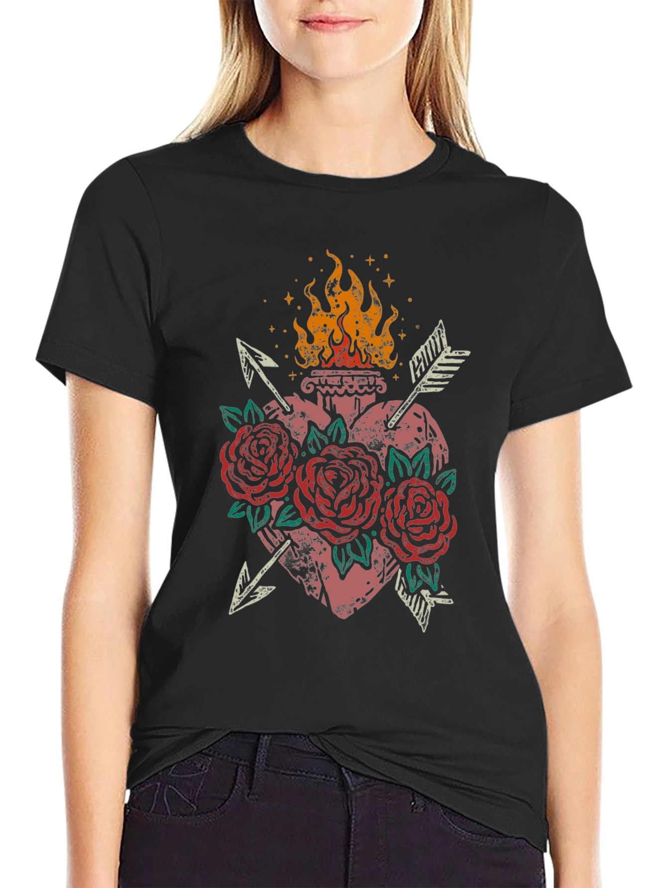 Flaming Heart Roses Arrows Graphic Tee