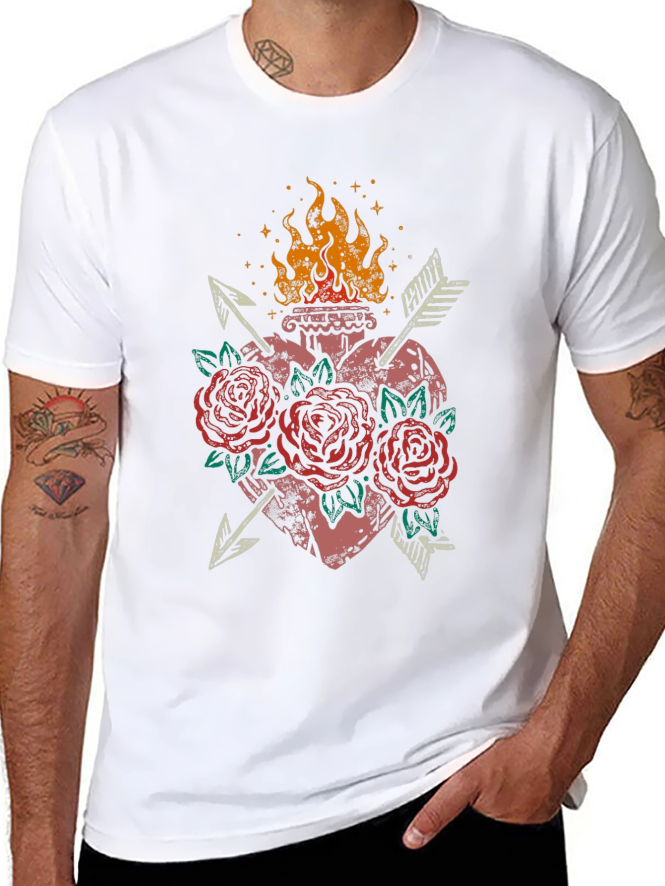 Flaming Heart Roses Arrows Graphic Tee