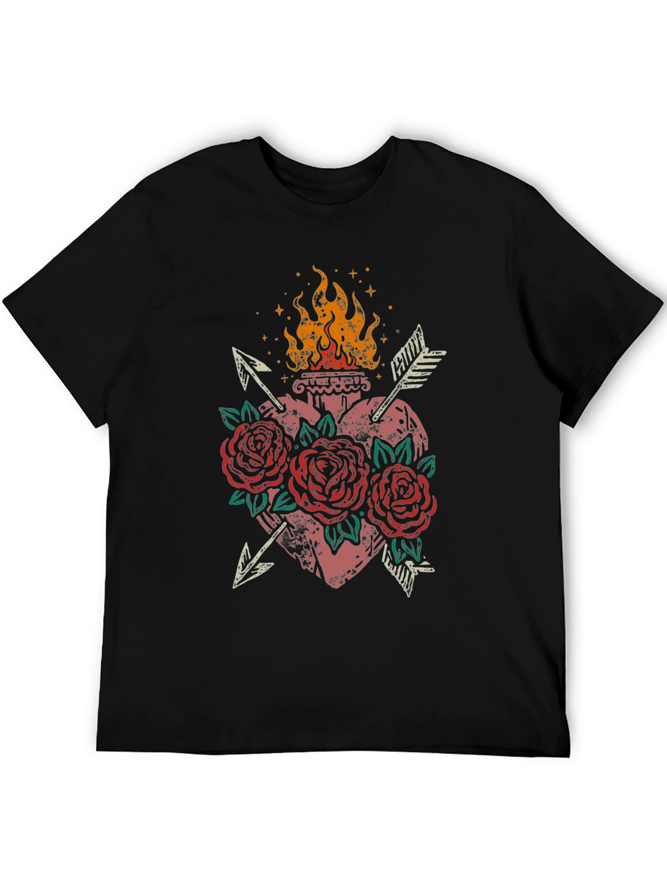 Flaming Heart Roses Arrows Graphic Tee