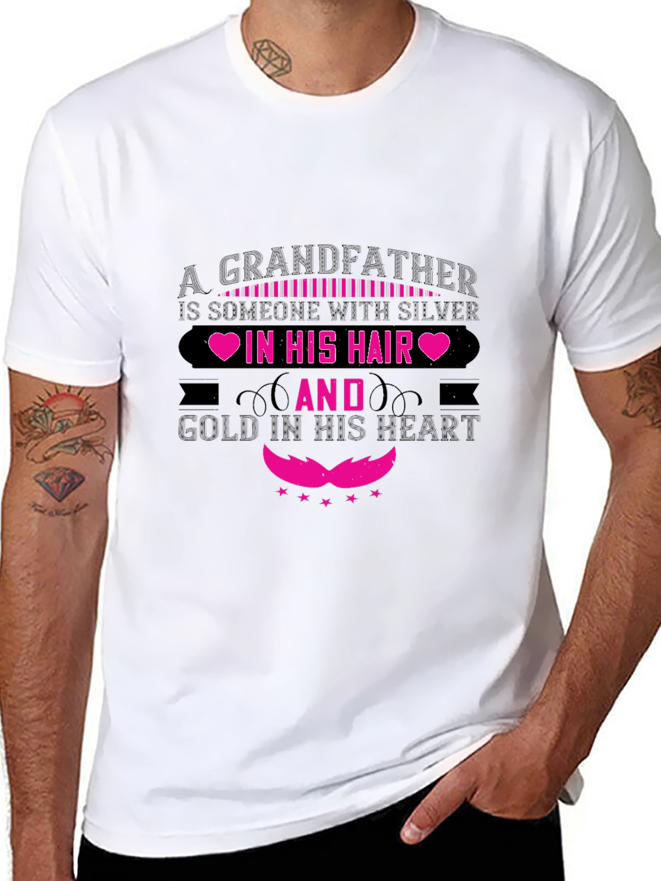 Grandfather Silver Hair Gold Heart Black T-Shirt