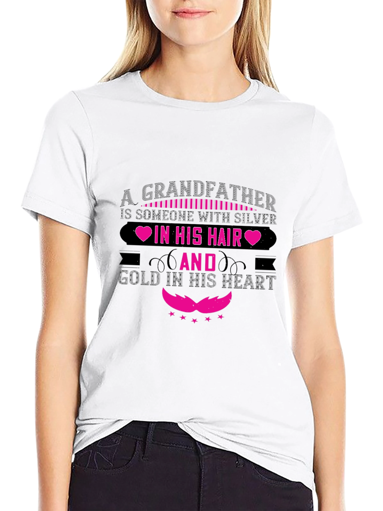 Grandfather Silver Hair Gold Heart Black T-Shirt