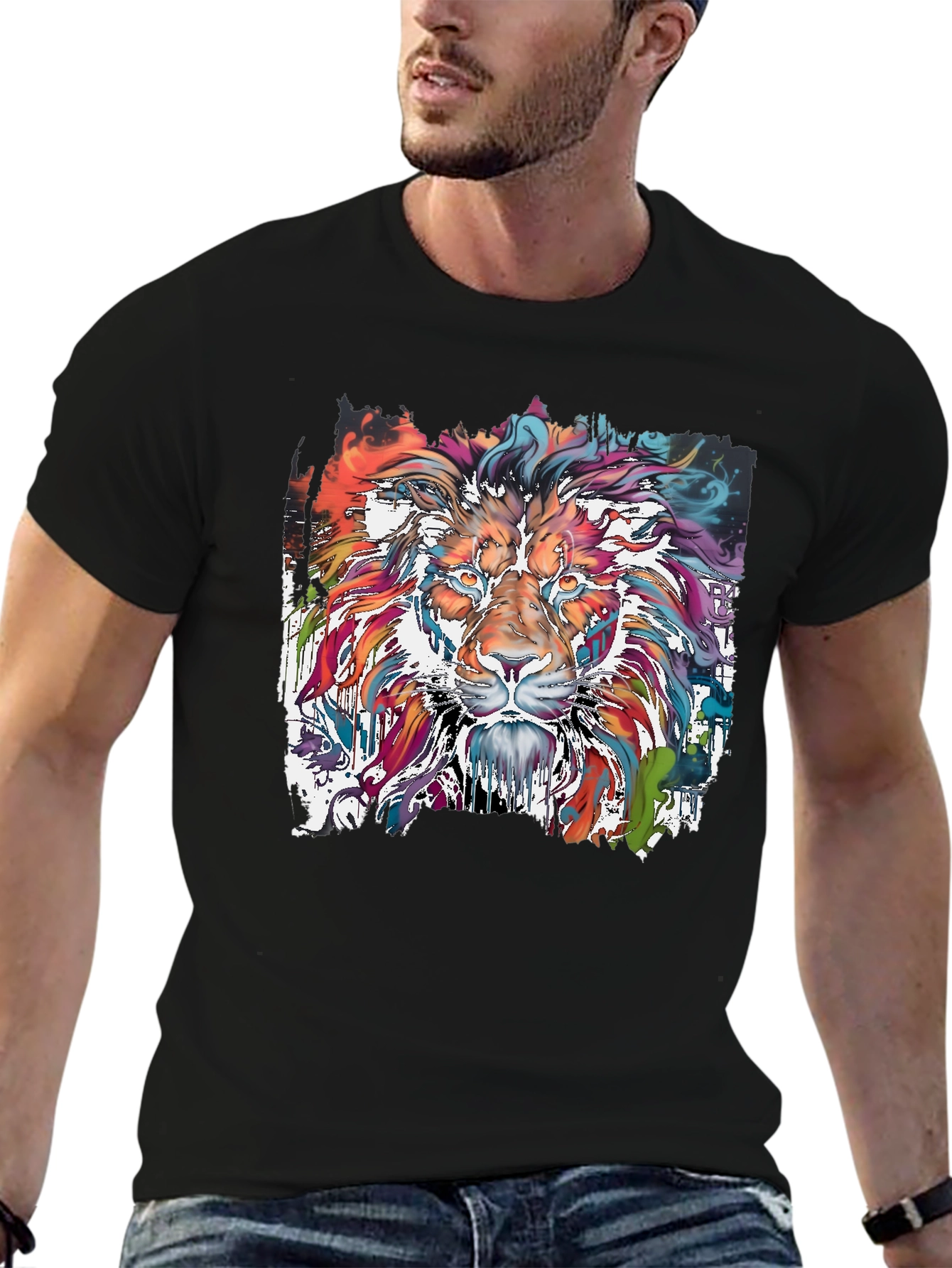 Vibrant Lion Graphic Tee - Stylish Mens T-Shirt