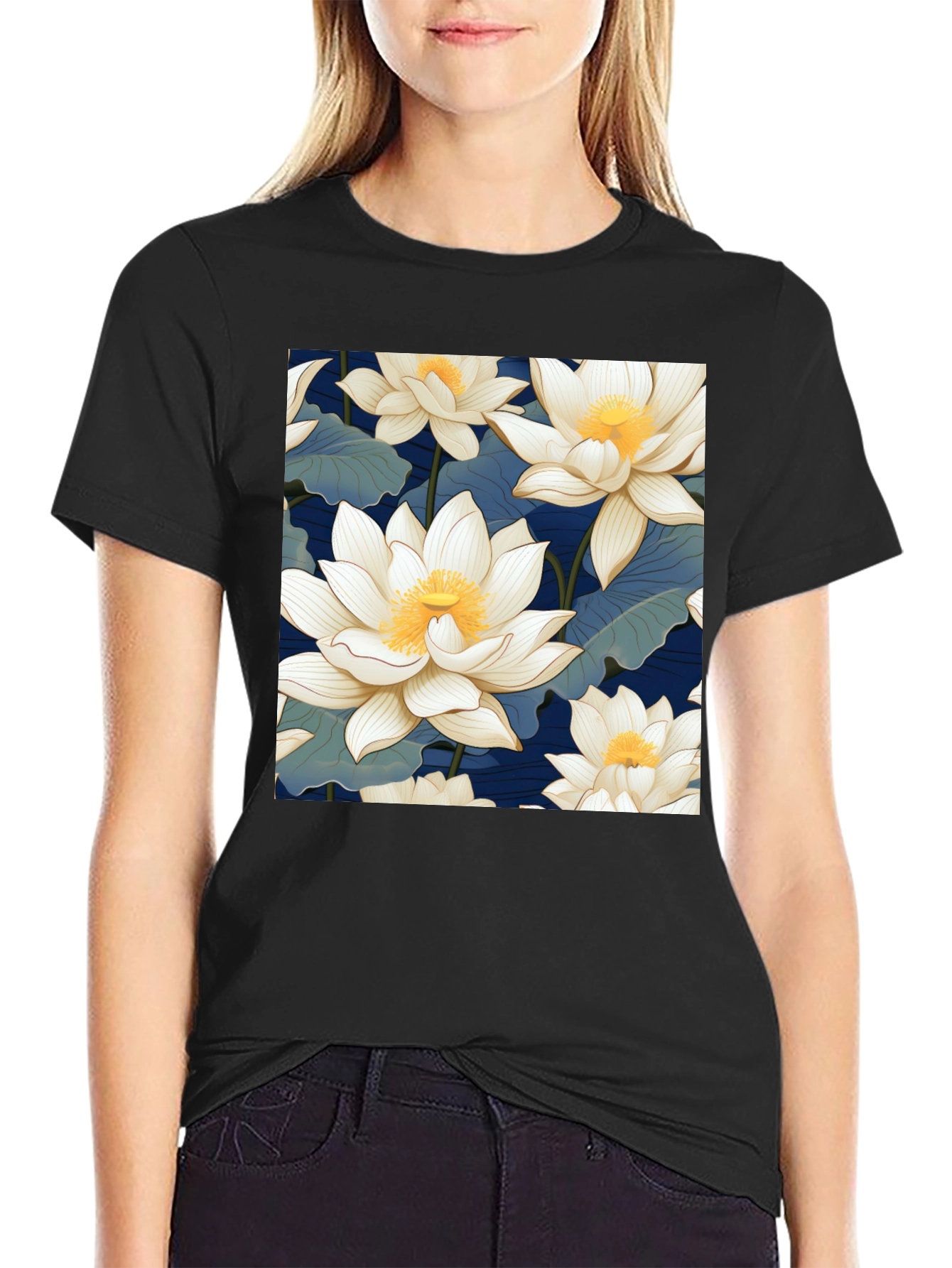 Lotus Flower Graphic Black T-Shirt