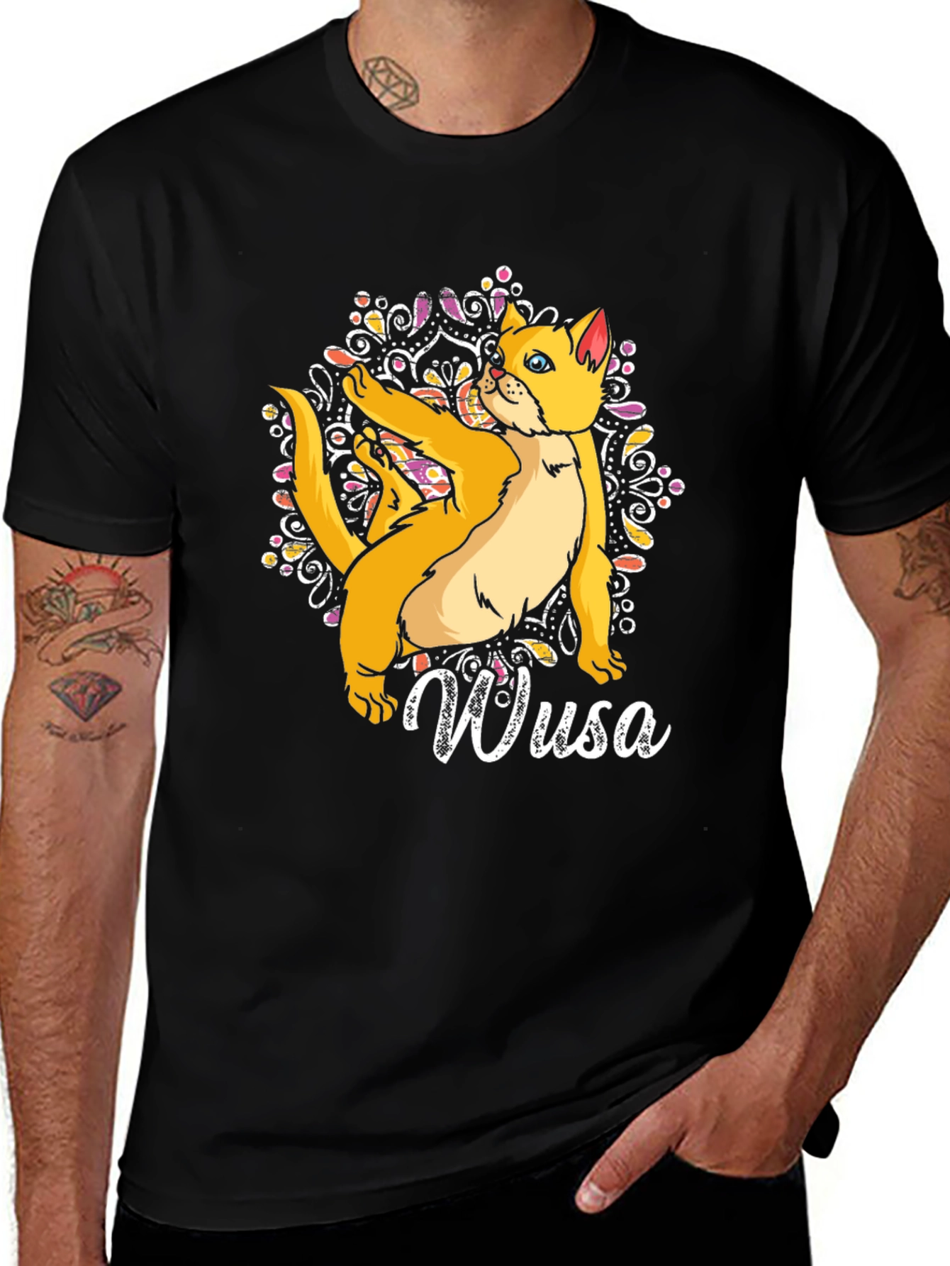 Wusa Cat Mandala Black T-Shirt