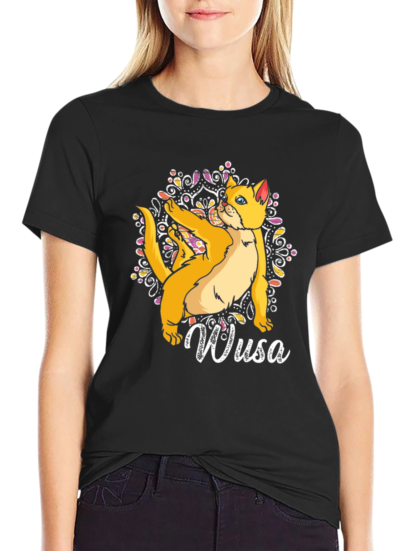 Wusa Cat Mandala Black T-Shirt