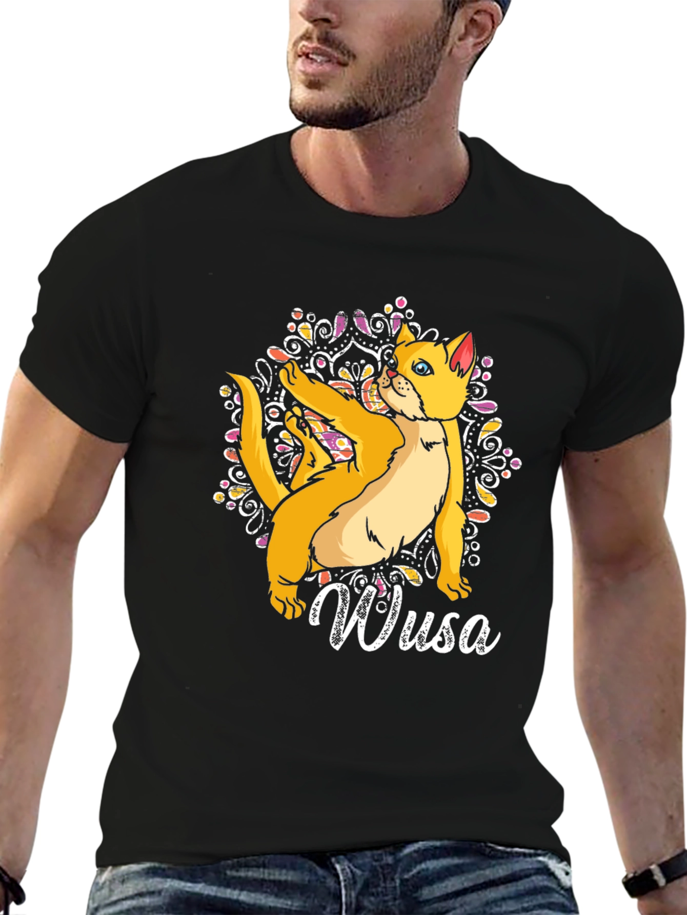 Wusa Cat Mandala Black T-Shirt