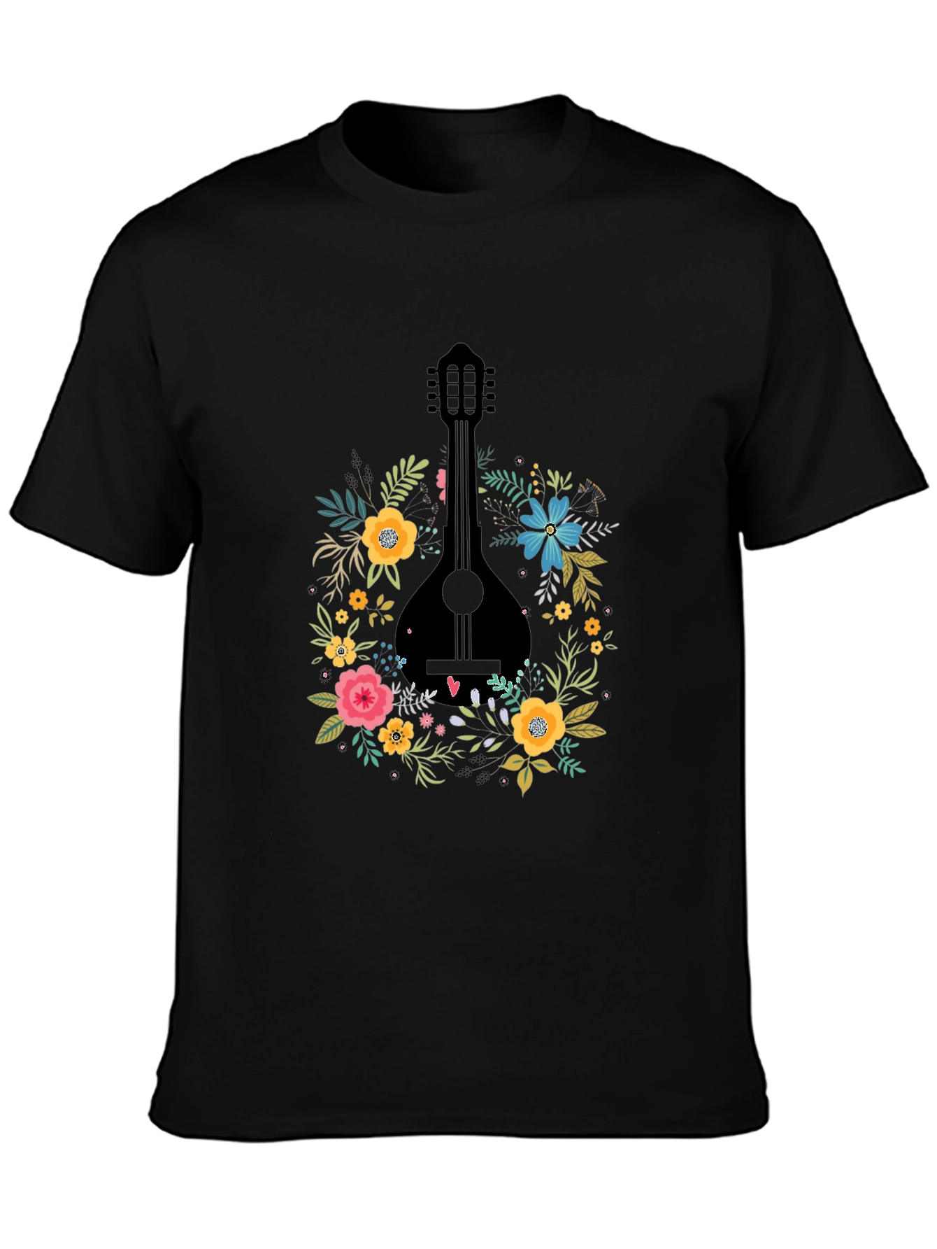 Floral Mandolin Graphic Tee - Black Cotton T-Shirt