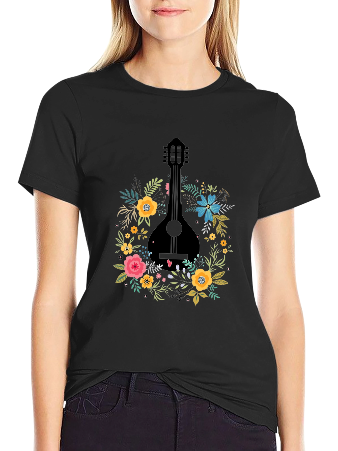 Floral Mandolin Graphic Tee - Black Cotton T-Shirt