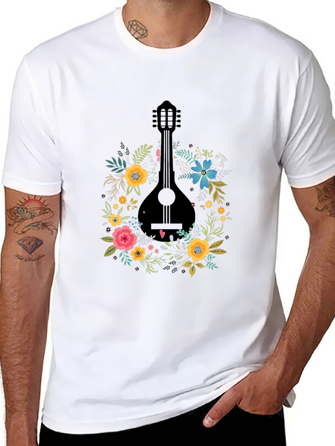 Floral Mandolin Graphic Tee - Black Cotton T-Shirt