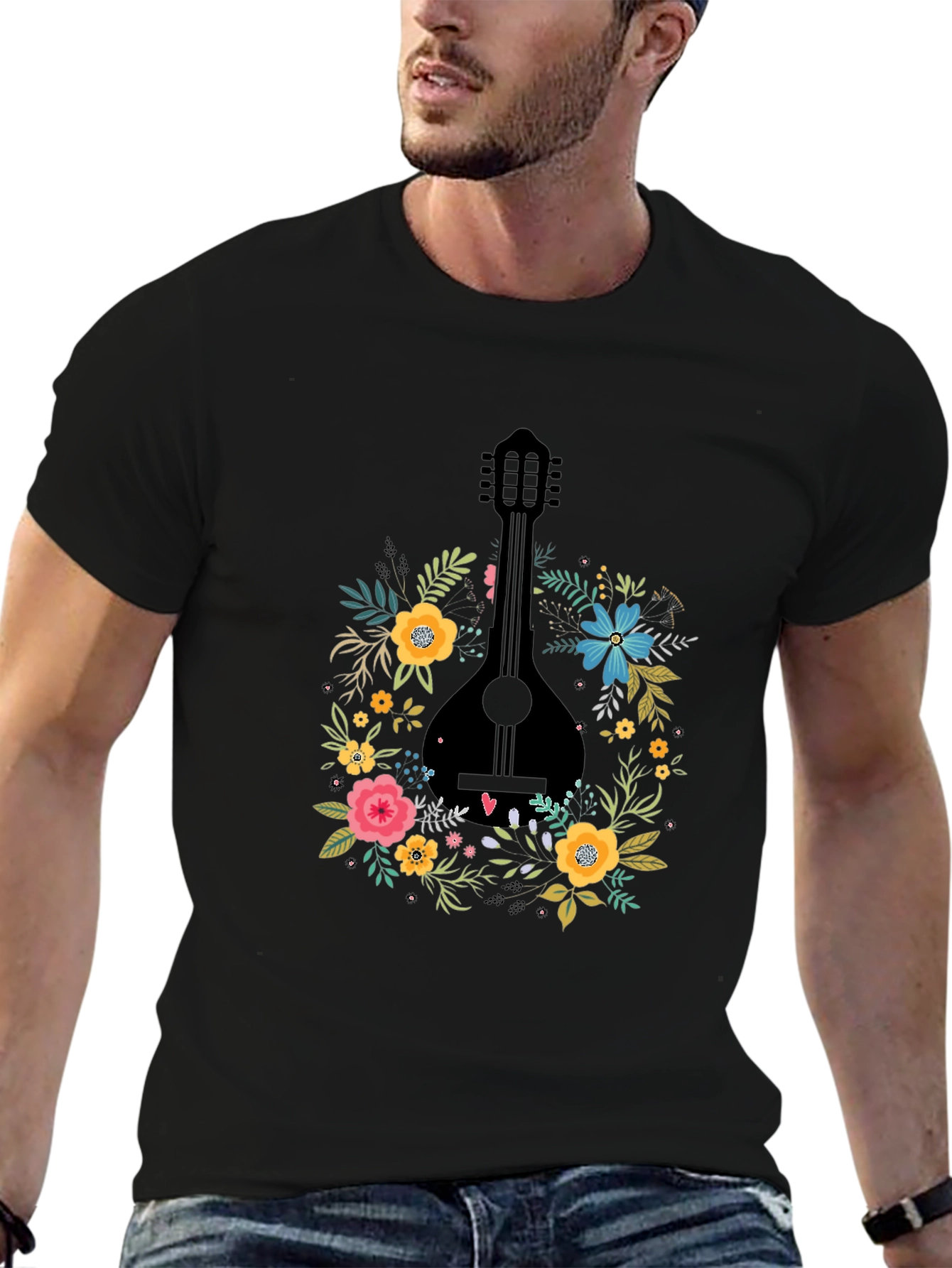 Floral Mandolin Graphic Tee - Black Cotton T-Shirt