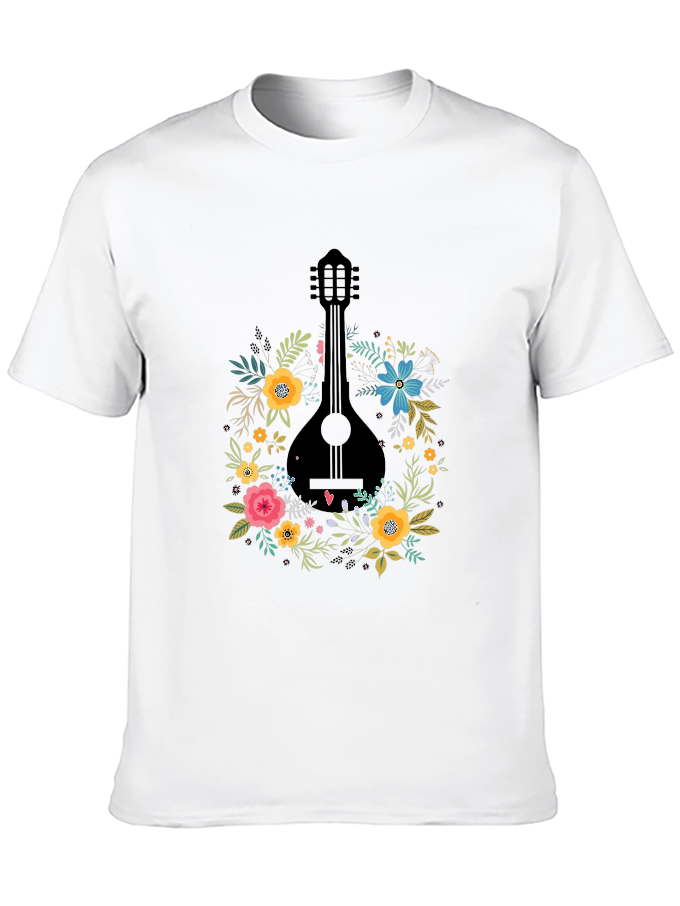 Floral Mandolin Graphic Tee - Black Cotton T-Shirt