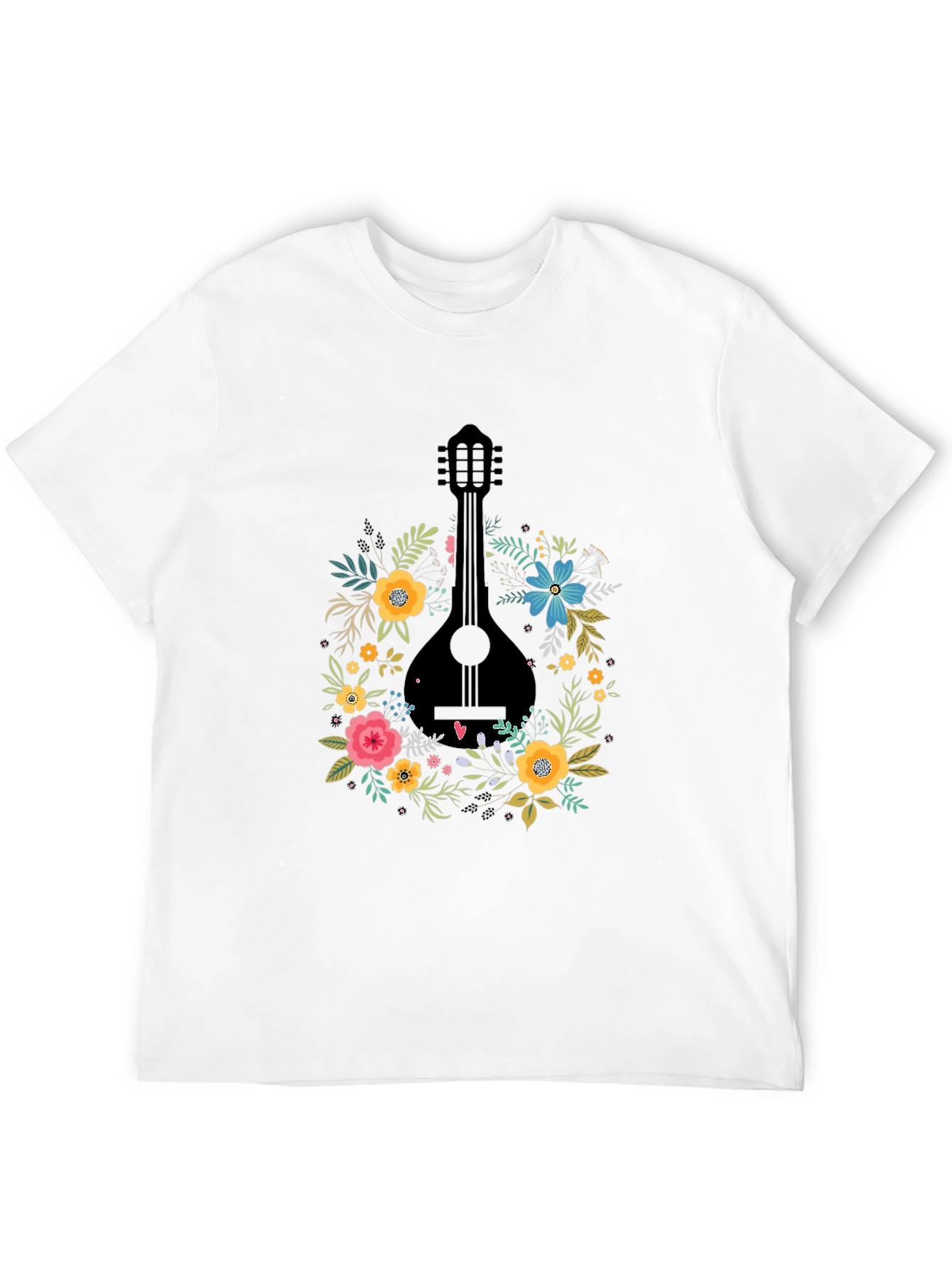 Floral Mandolin Graphic Tee - Black Cotton T-Shirt