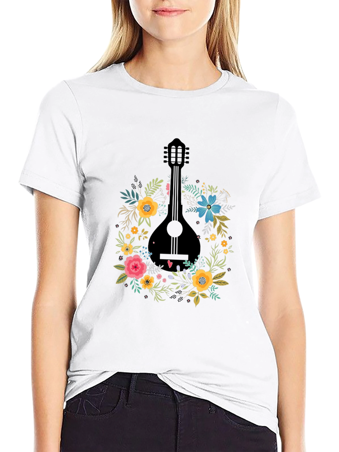 Floral Mandolin Graphic Tee - Black Cotton T-Shirt