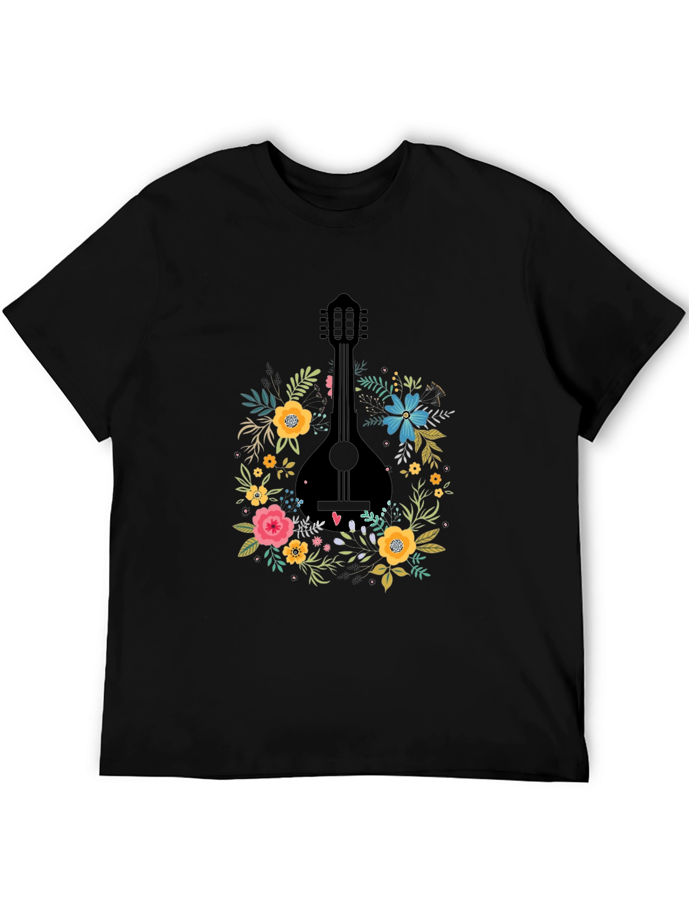 Floral Mandolin Graphic Tee - Black Cotton T-Shirt
