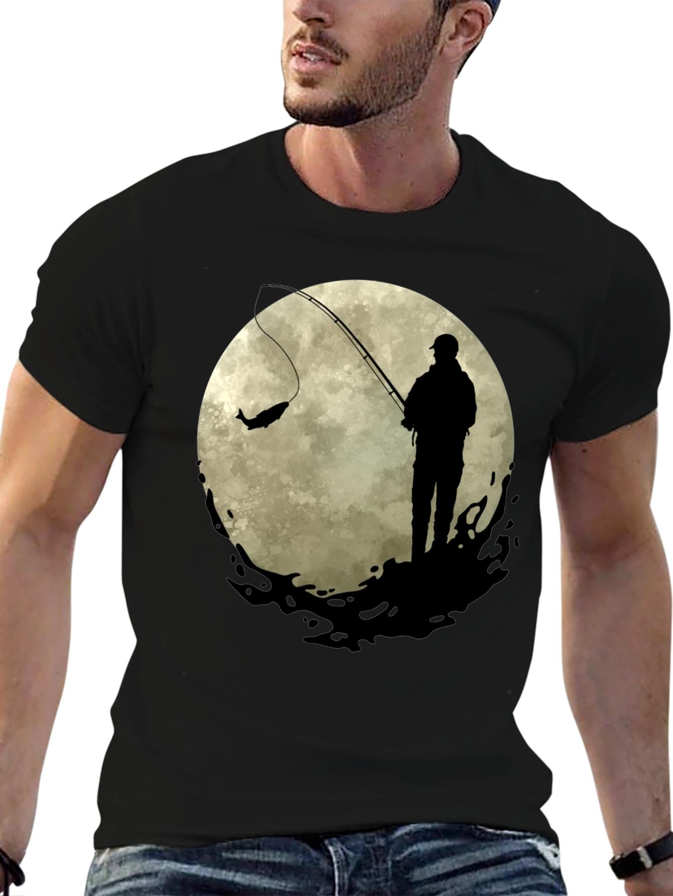 Fisherman Moon Graphic Tee - Black Cotton Blend