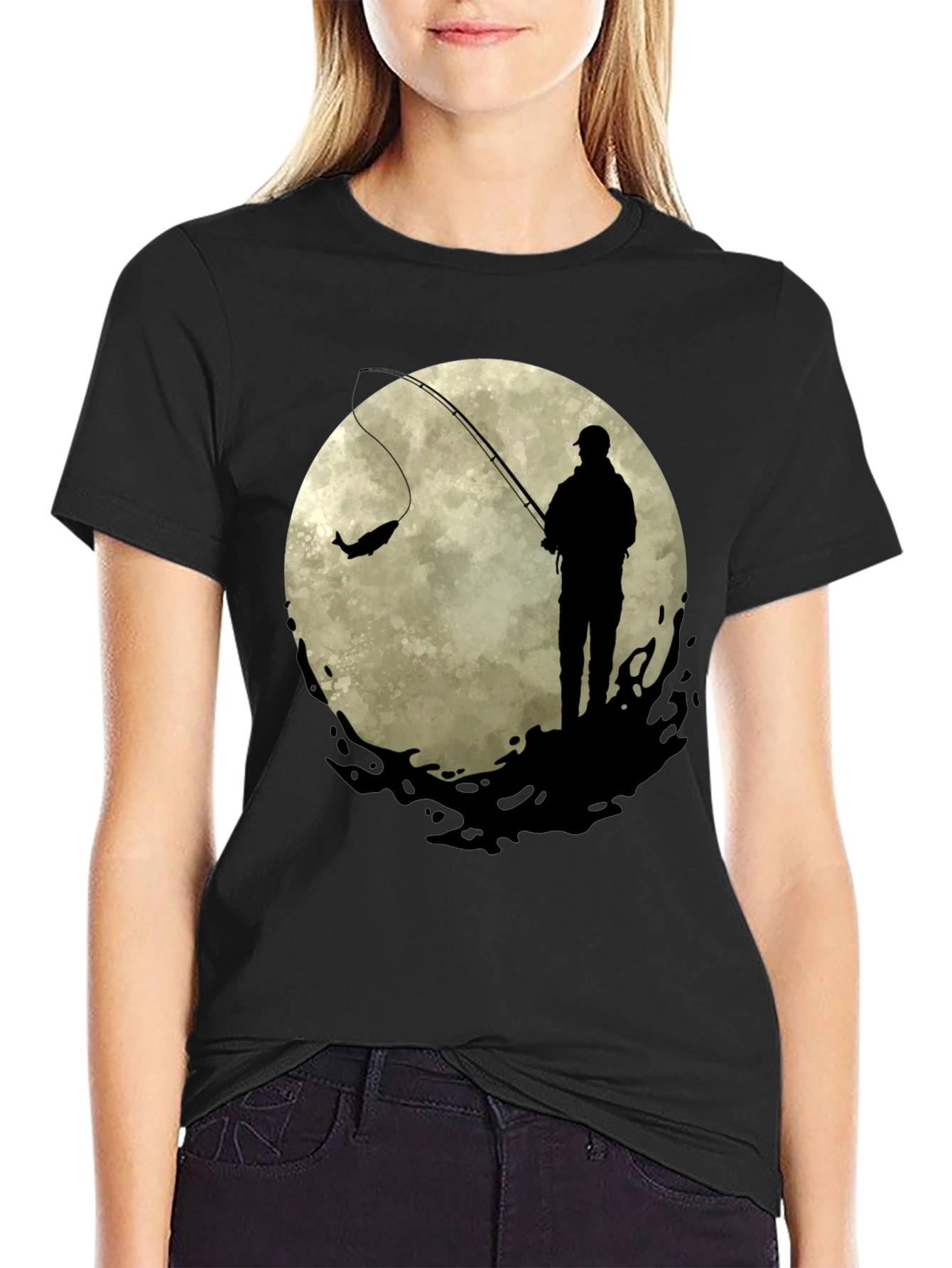 Fisherman Moon Graphic Tee - Black Cotton Blend