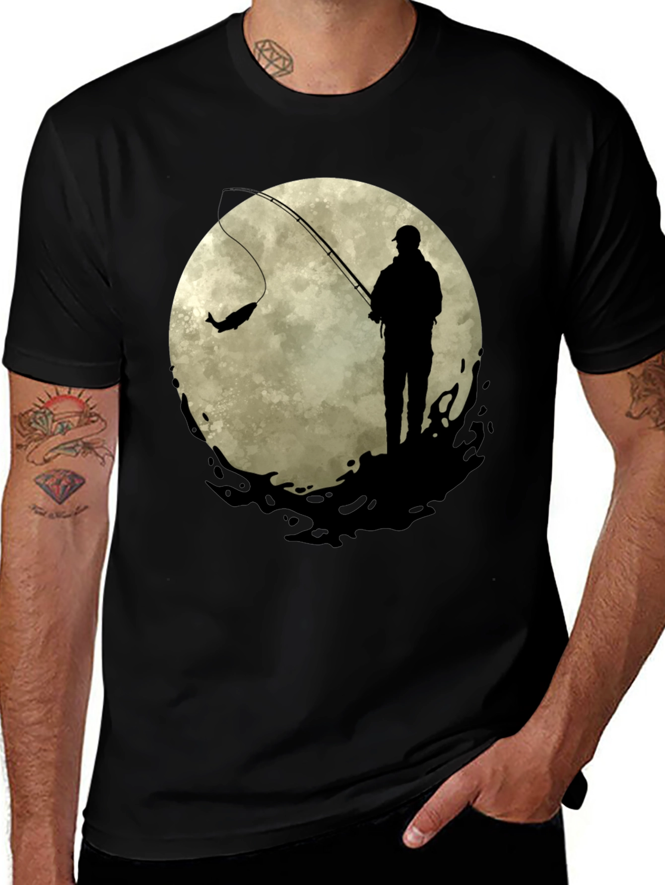 Fisherman Moon Graphic Tee - Black Cotton Blend