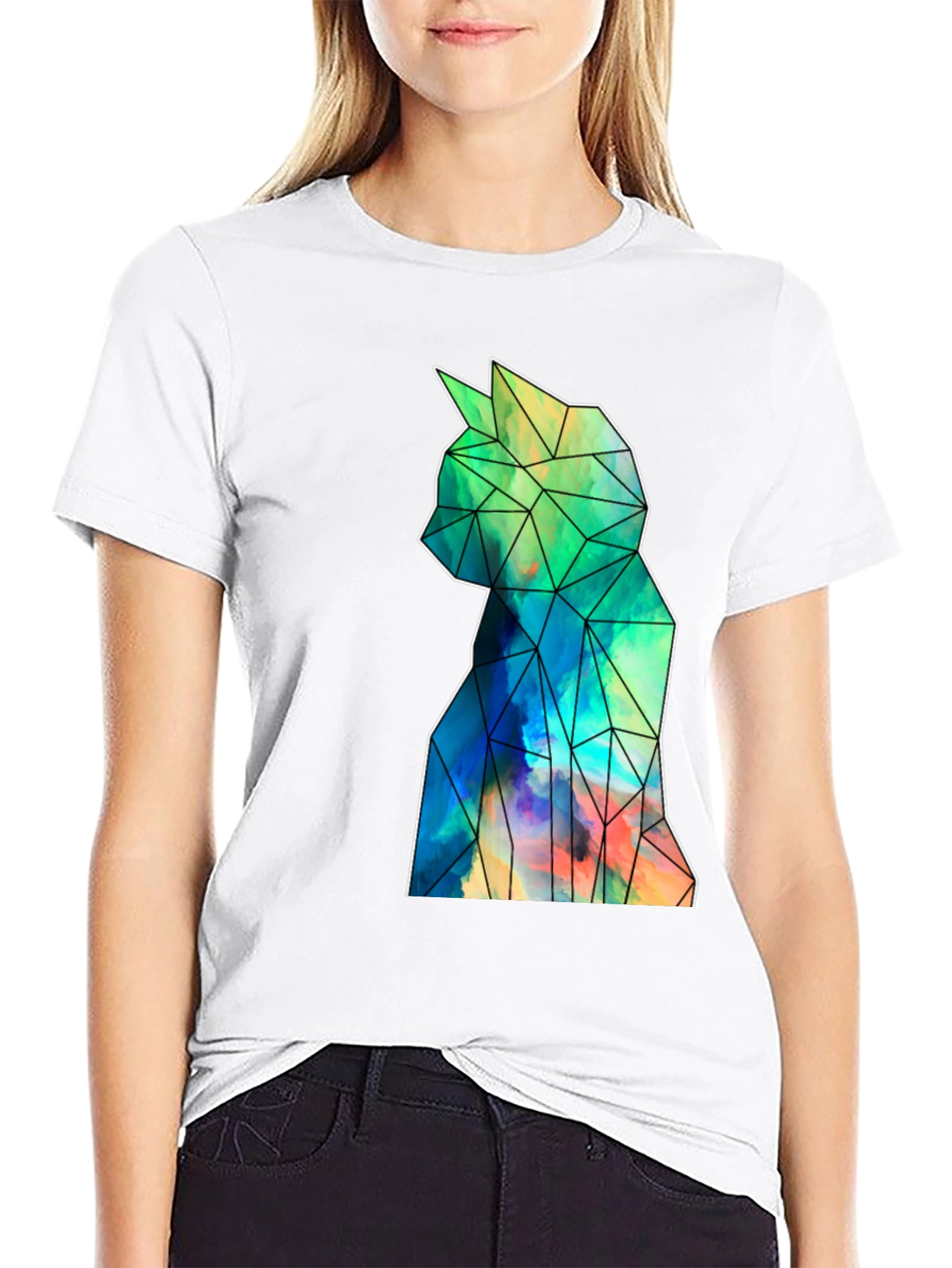 Geometric Cat Art Black T-Shirt - Stylish Mens Tee