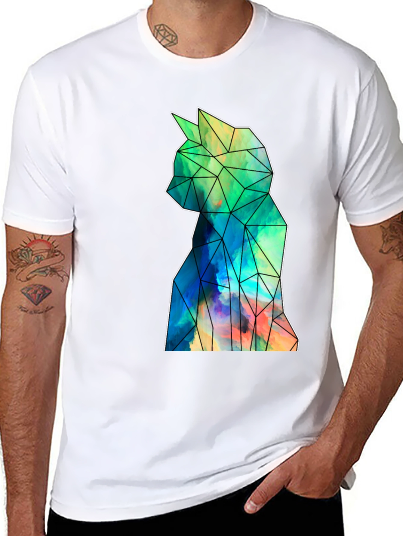 Geometric Cat Art Black T-Shirt - Stylish Mens Tee