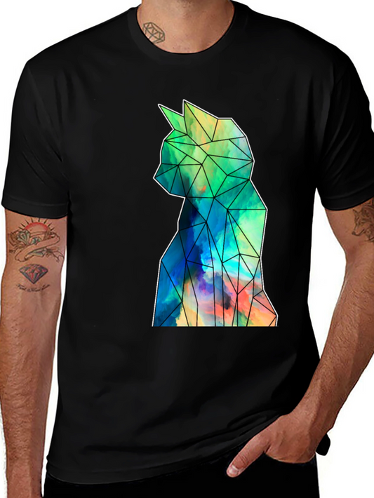 Geometric Cat Art Black T-Shirt - Stylish Mens Tee