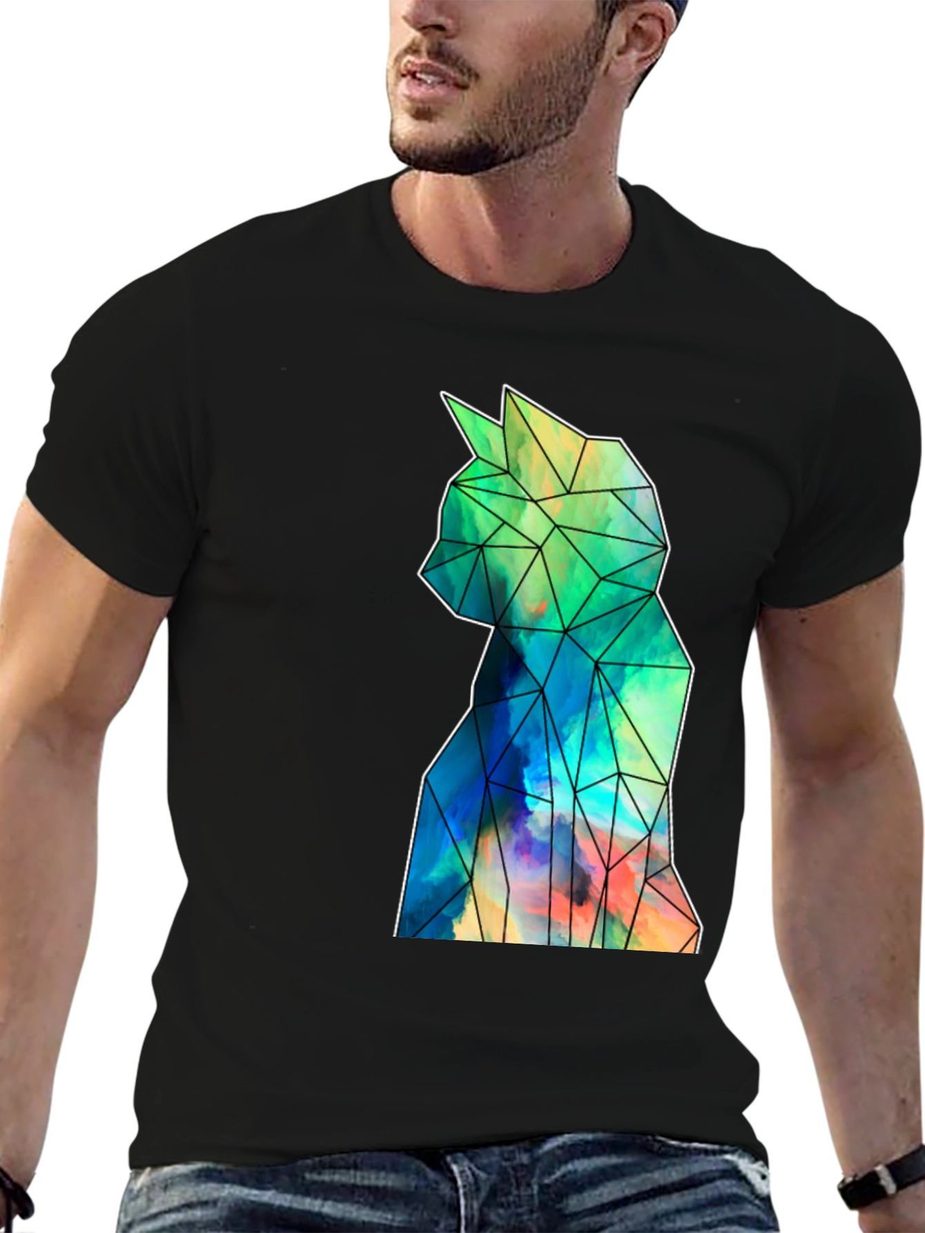 Geometric Cat Art Black T-Shirt - Stylish Mens Tee
