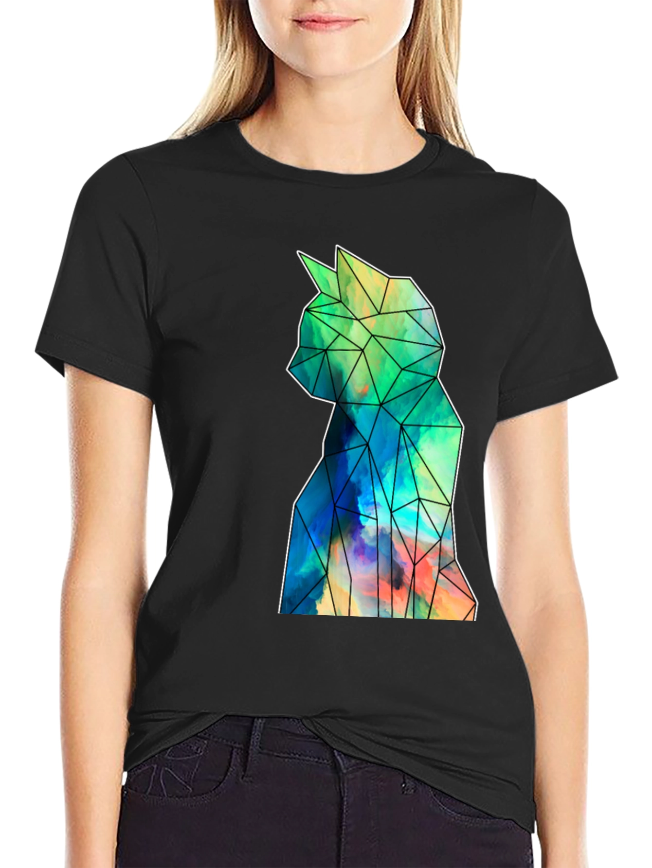 Geometric Cat Art Black T-Shirt - Stylish Mens Tee