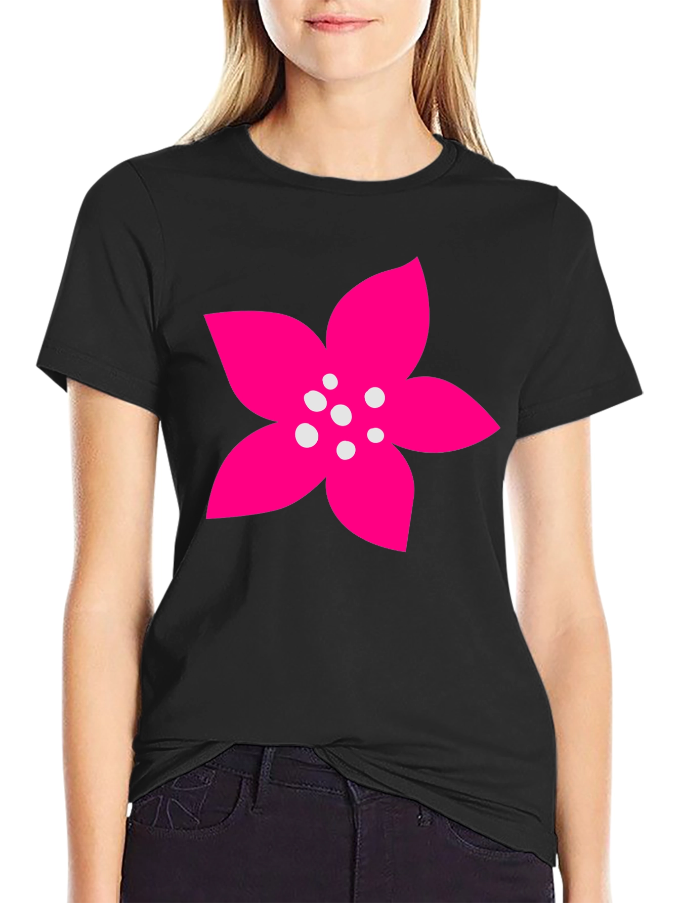 Black T-Shirt with Pink Flower Graphic