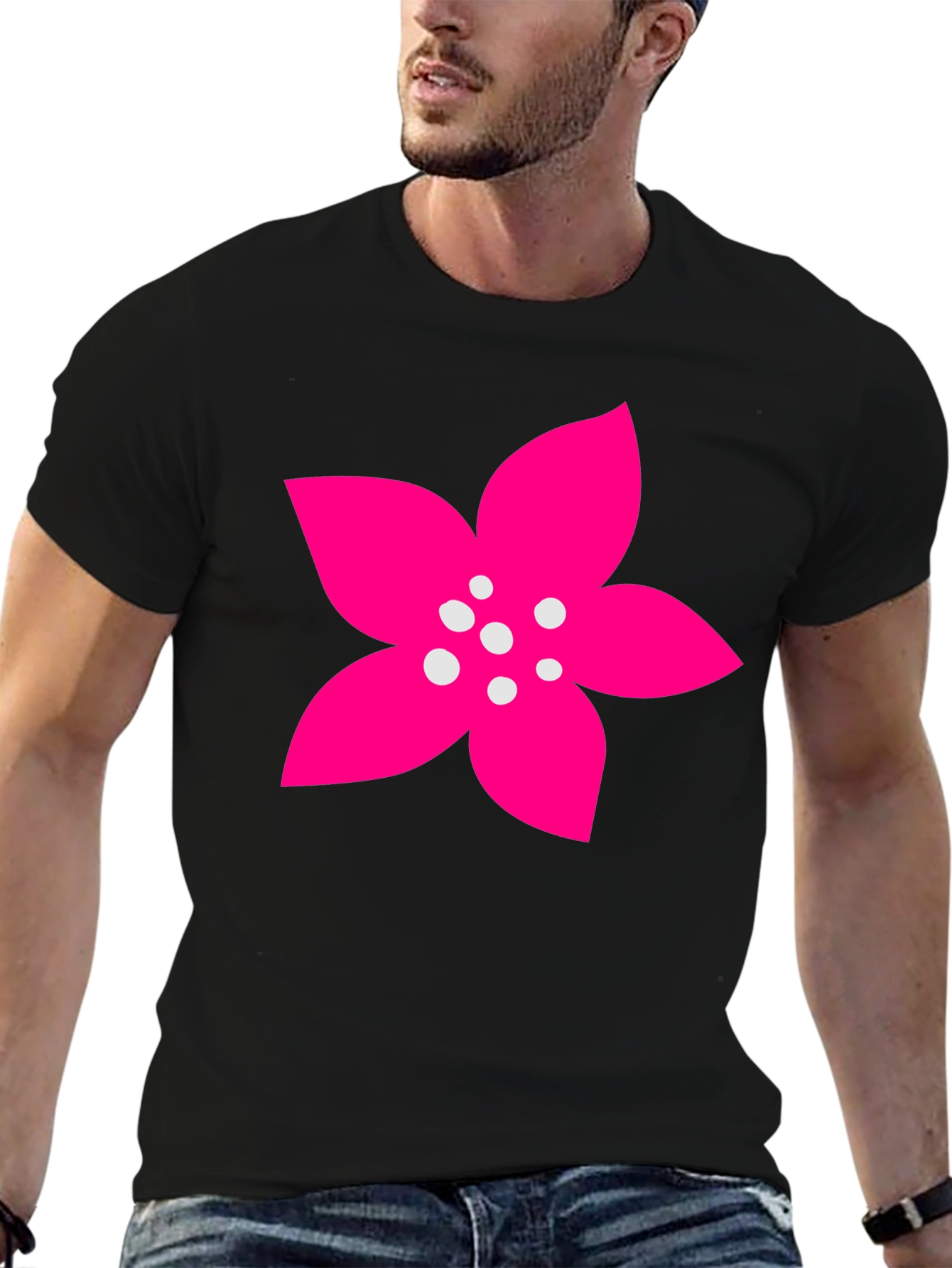 Black T-Shirt with Pink Flower Graphic
