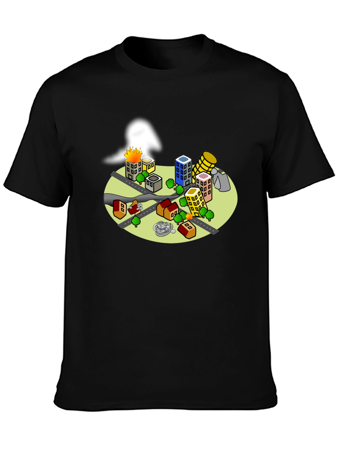Cartoon City Disaster Tee - Black Crew Neck T-Shirt