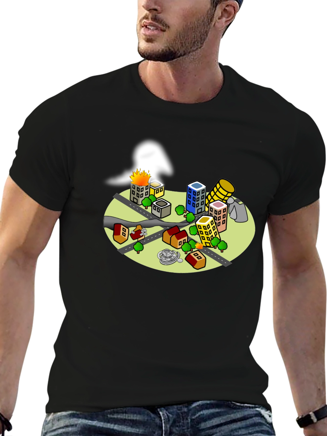 Cartoon City Disaster Tee - Black Crew Neck T-Shirt