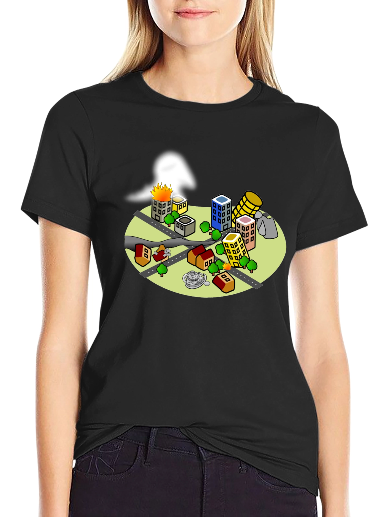 Cartoon City Disaster Tee - Black Crew Neck T-Shirt