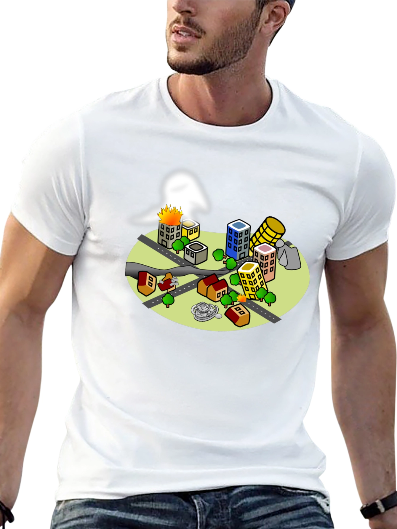 Cartoon City Disaster Tee - Black Crew Neck T-Shirt