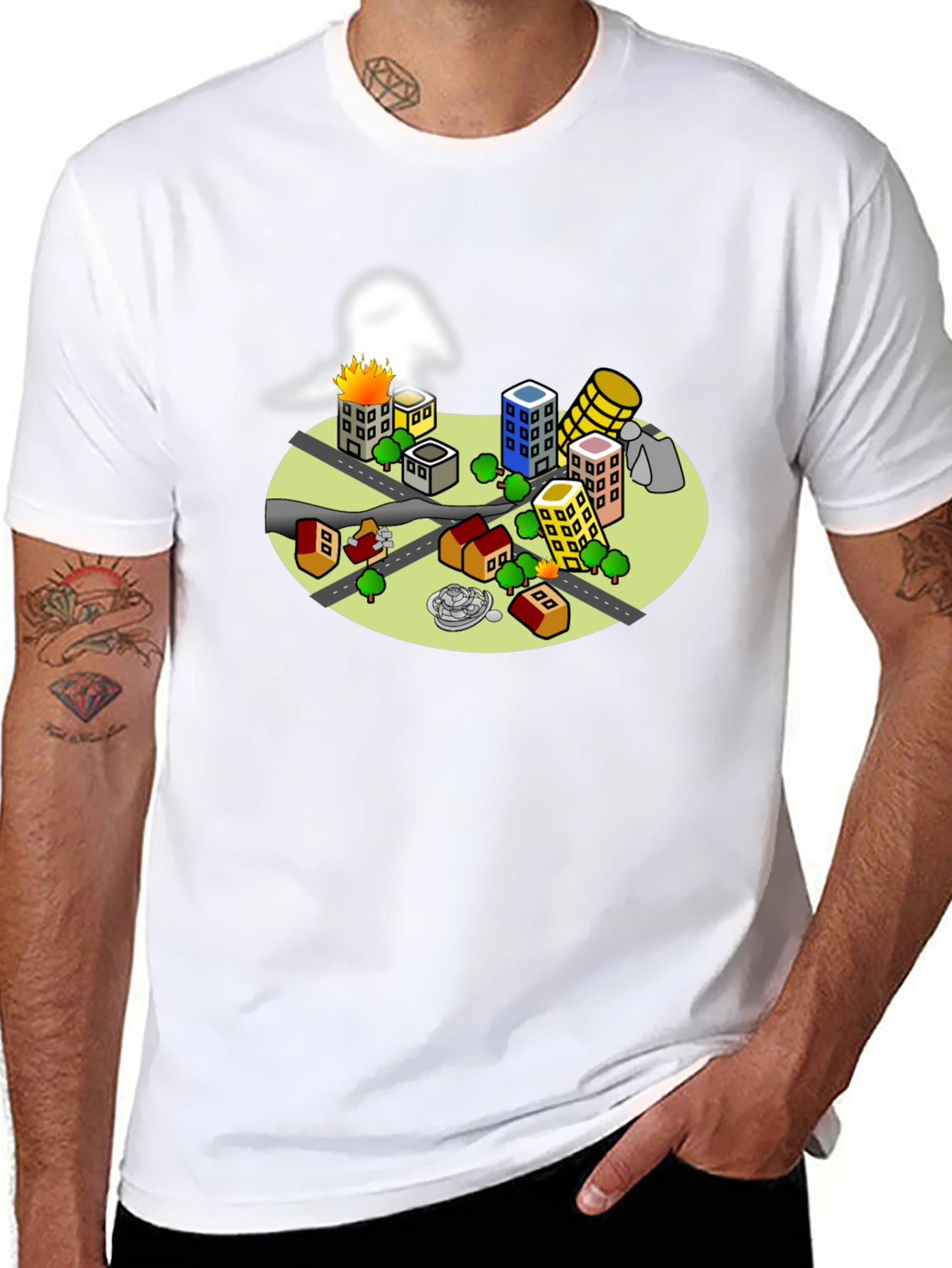 Cartoon City Disaster Tee - Black Crew Neck T-Shirt
