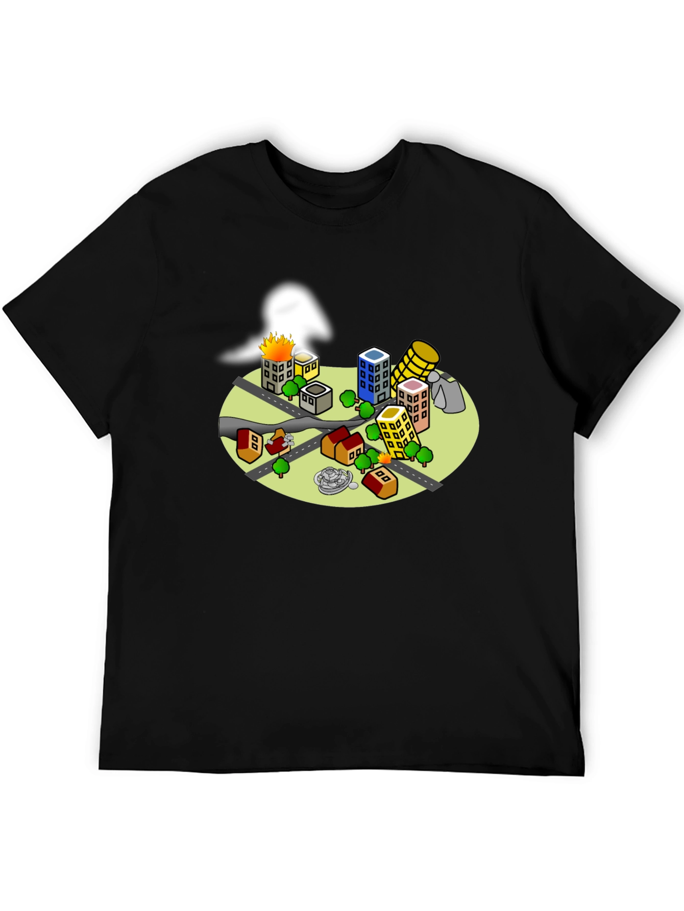 Cartoon City Disaster Tee - Black Crew Neck T-Shirt