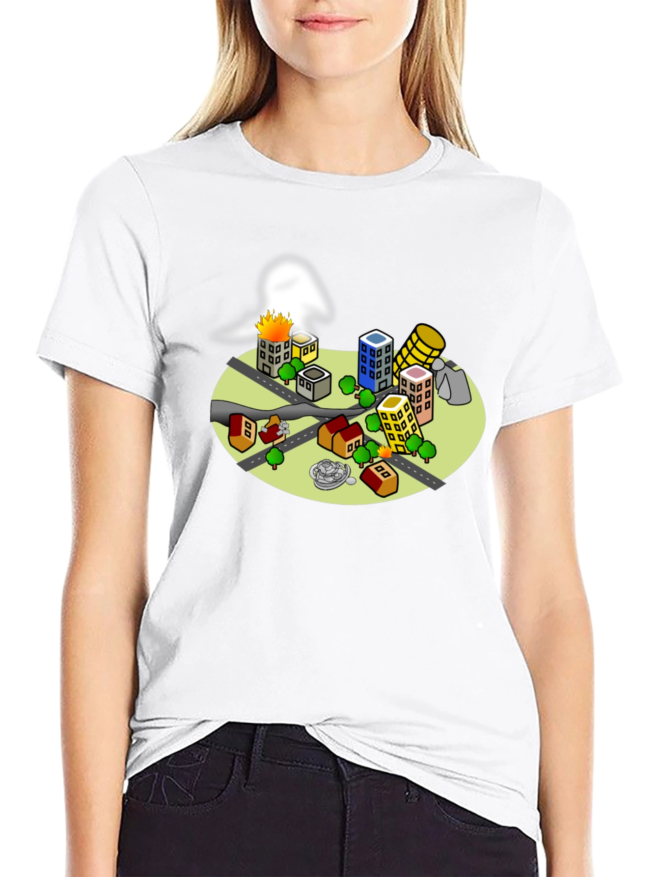 Cartoon City Disaster Tee - Black Crew Neck T-Shirt