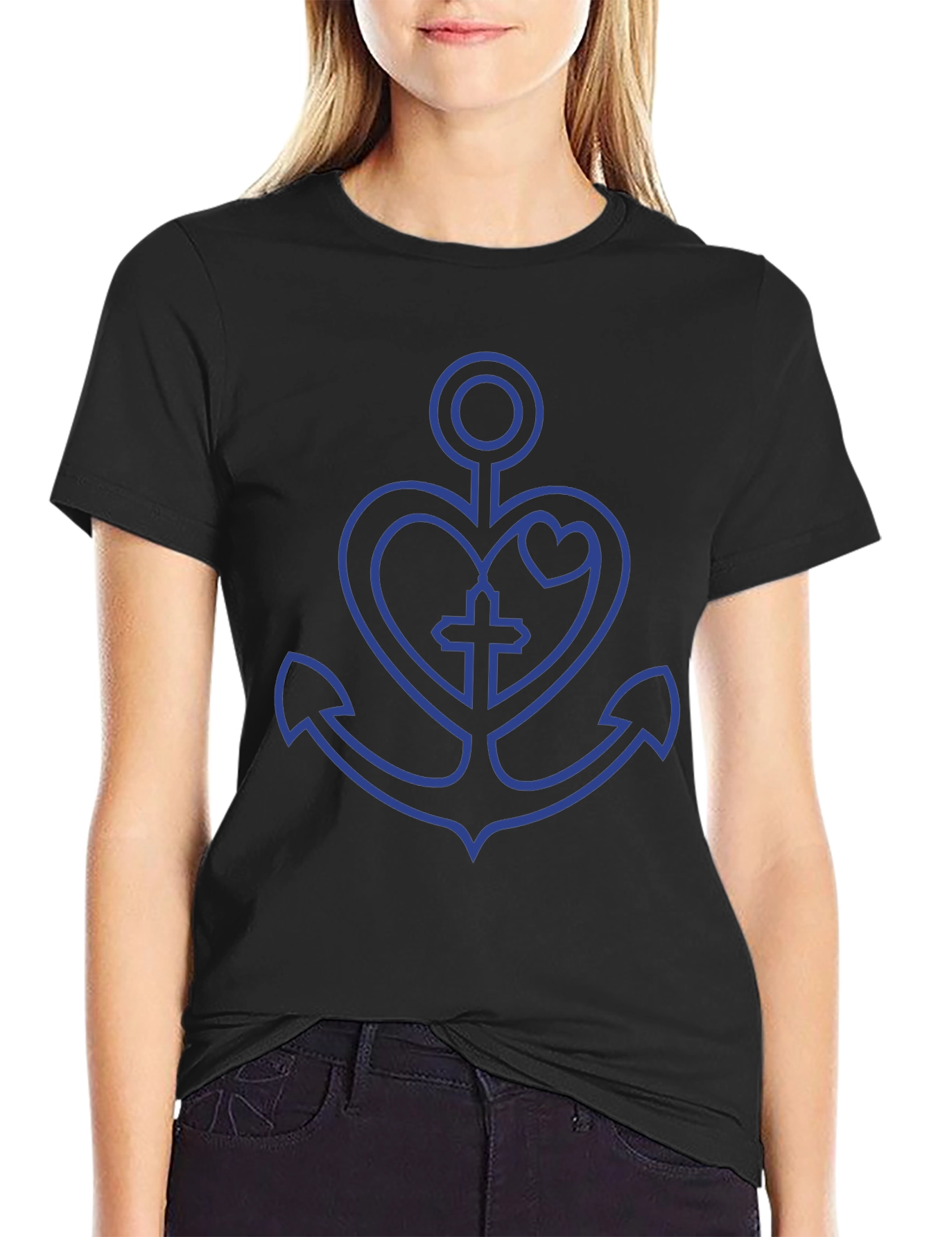 Anchor Heart Cross Graphic Black T-Shirt