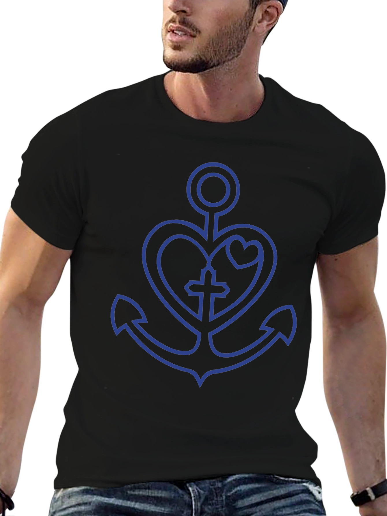 Anchor Heart Cross Graphic Black T-Shirt