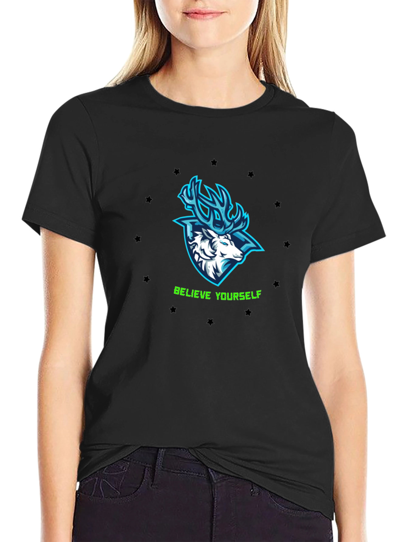 Believe Yourself Deer Graphic Black T-Shirt