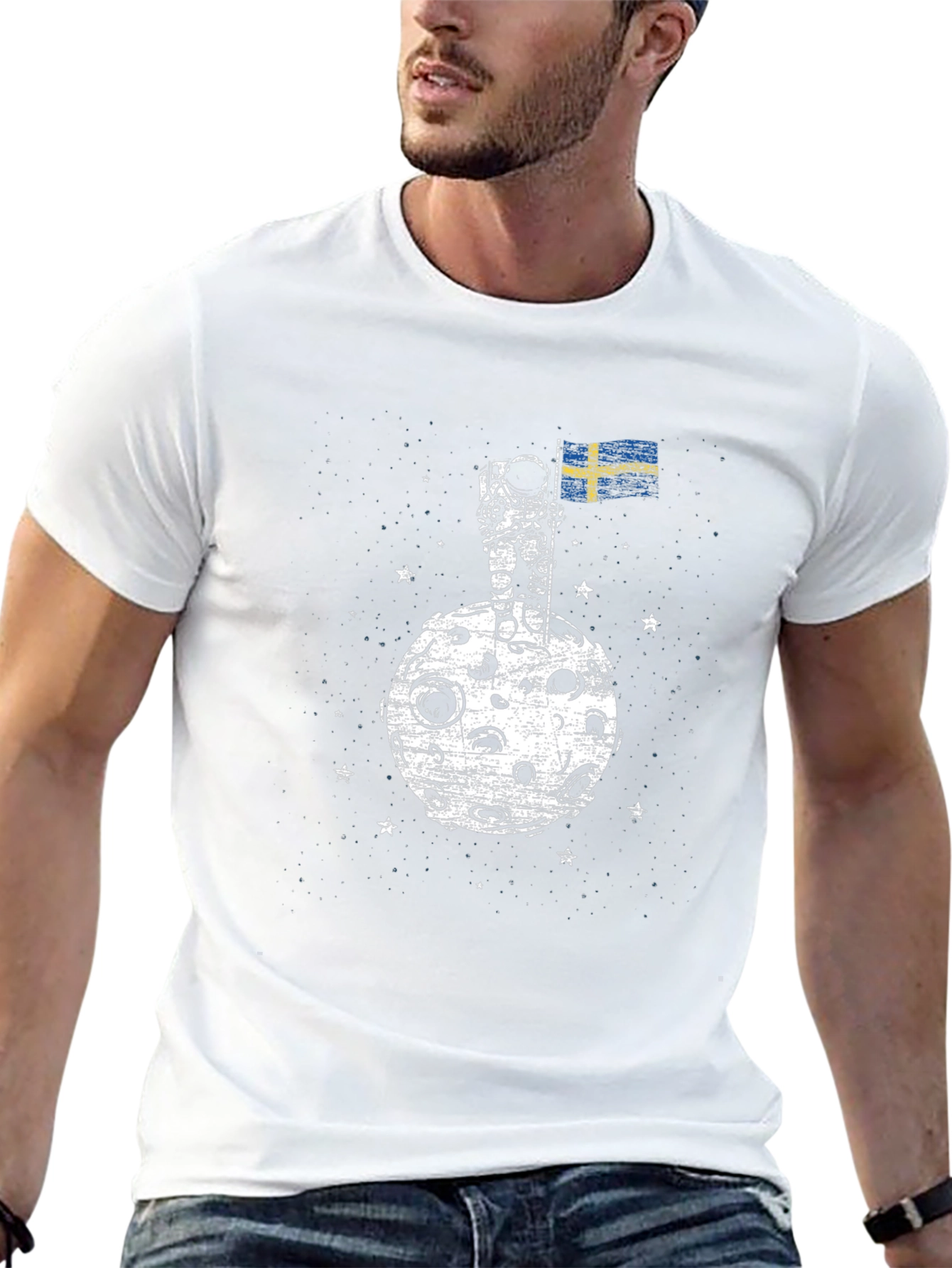Astronaut on Moon Sweden Flag Graphic T-Shirt