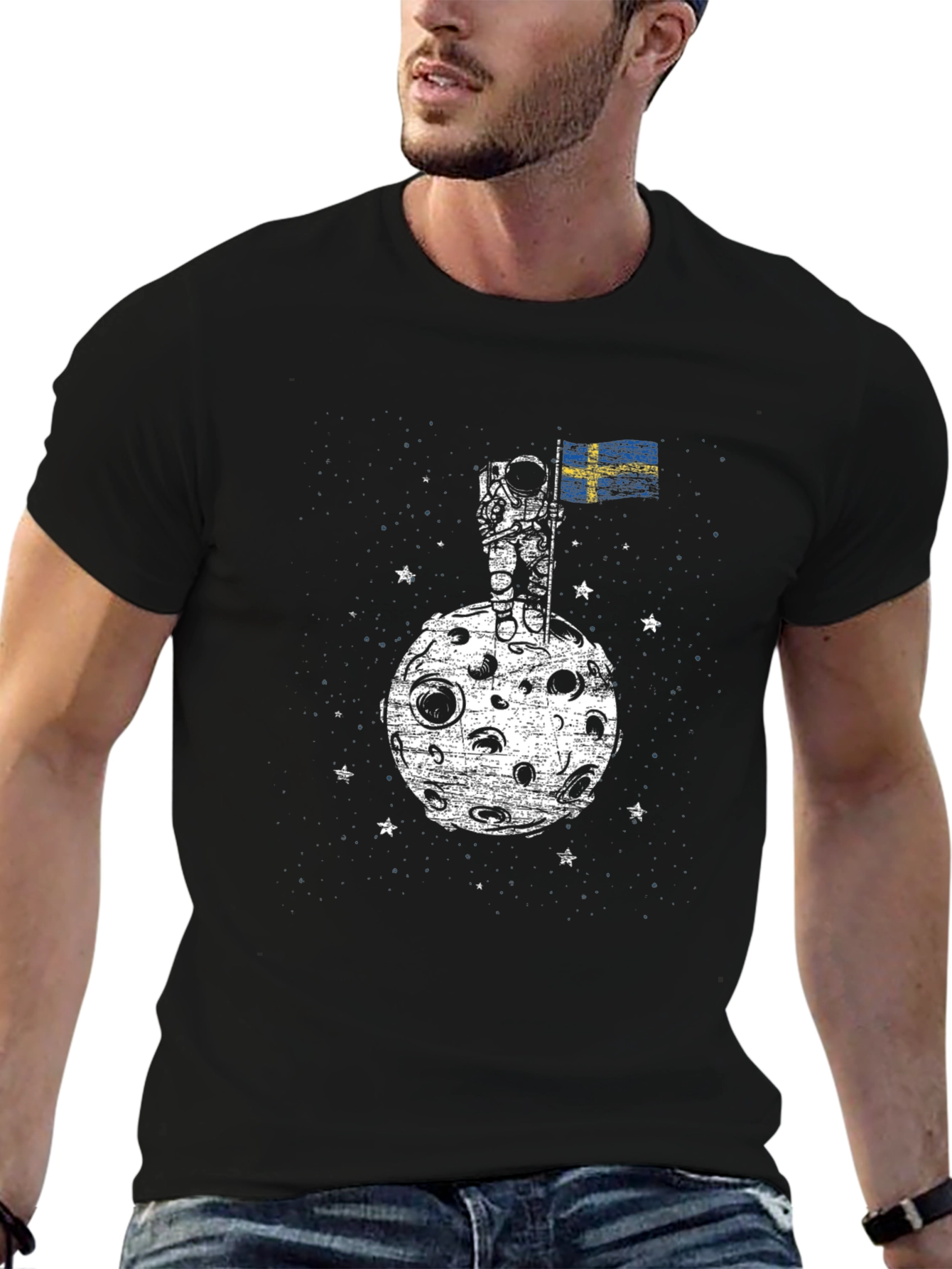 Astronaut on Moon Sweden Flag Graphic T-Shirt