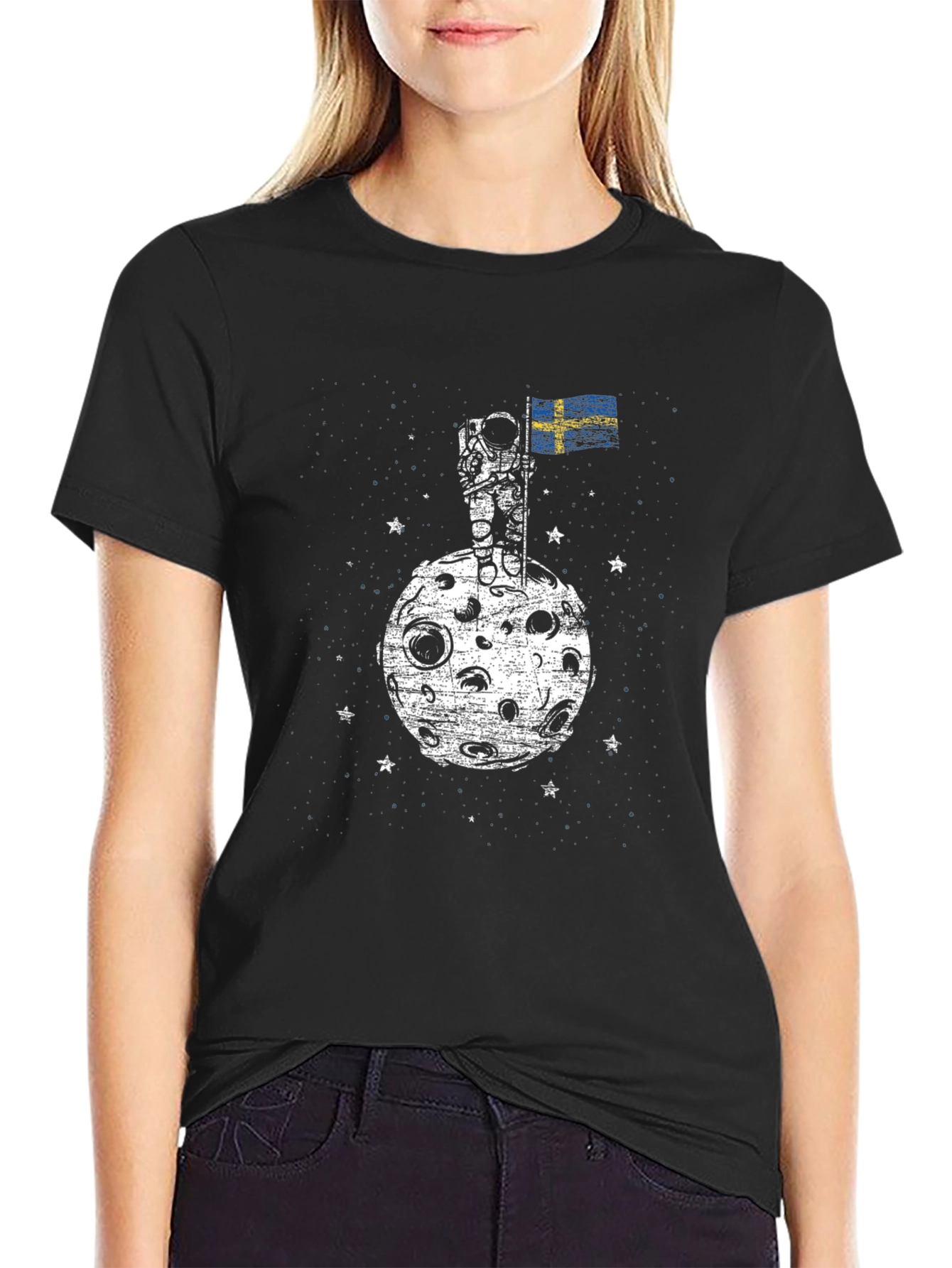 Astronaut on Moon Sweden Flag Graphic T-Shirt