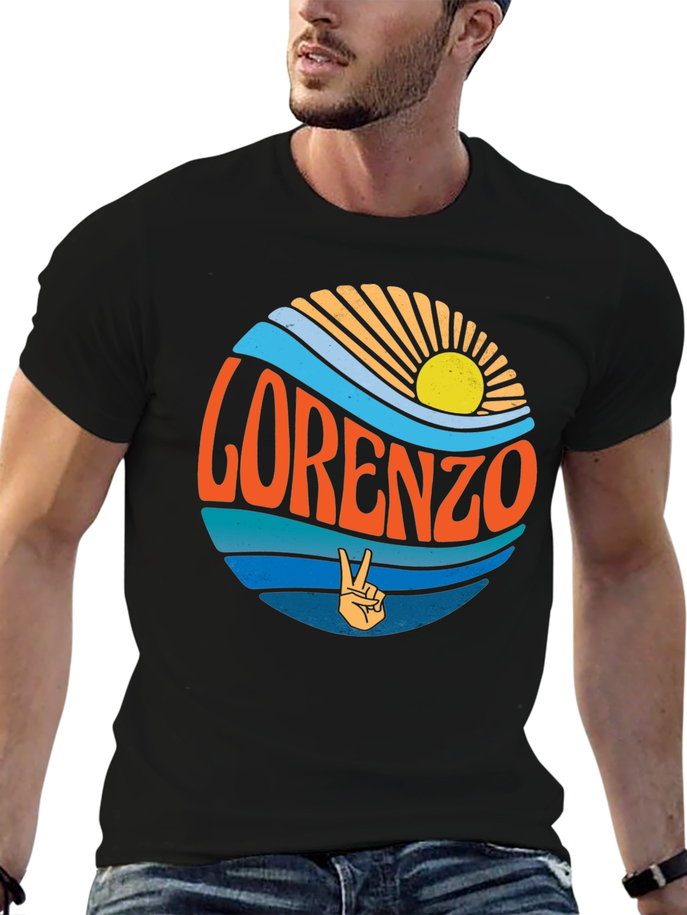 Lorenzo Retro Sun & Wave Black T-Shirt